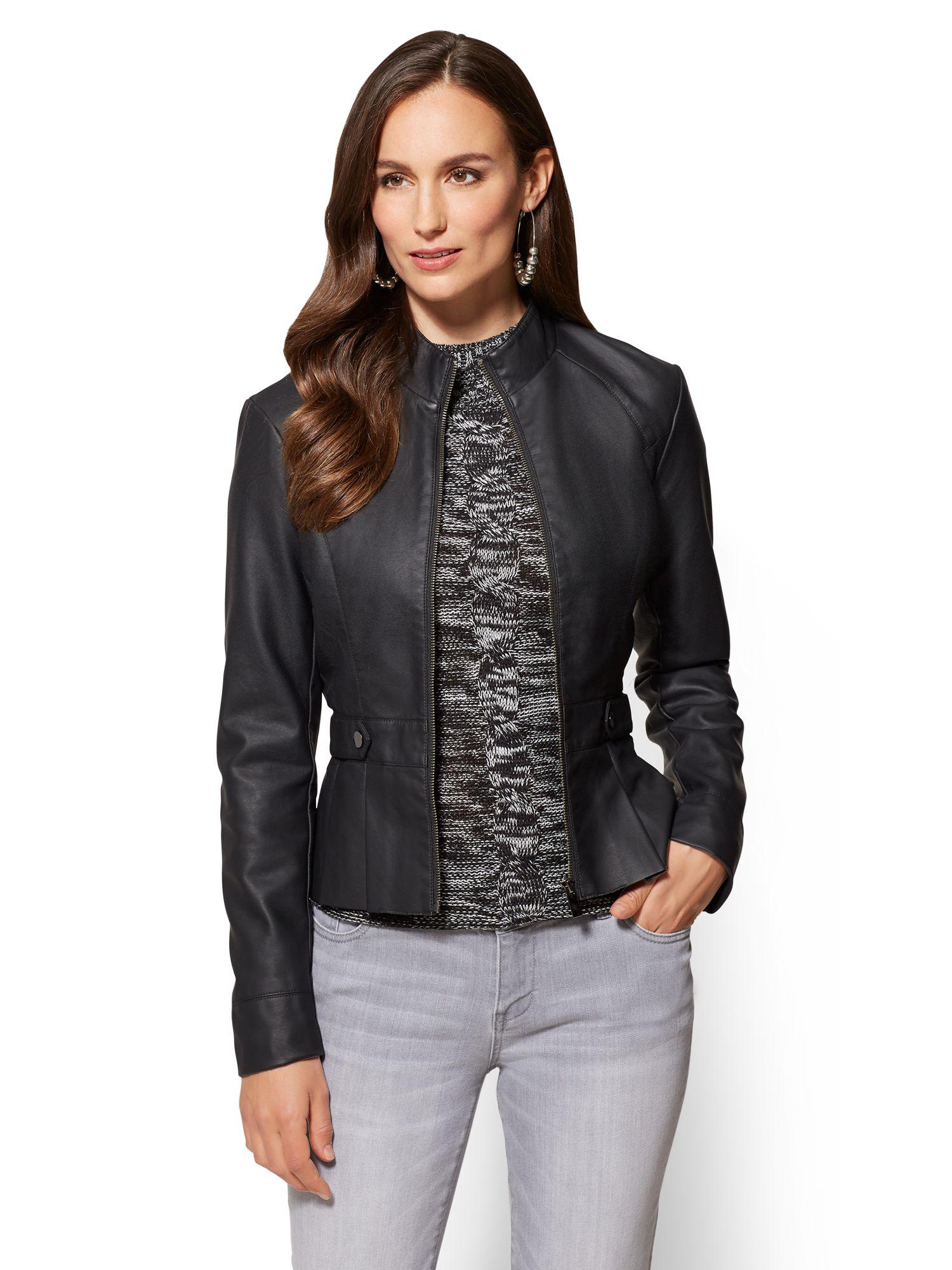 Lyst New York Company Faux Leather Peplum Jacket In Black New York Company Women S Black Faux Leather Peplum Jacket