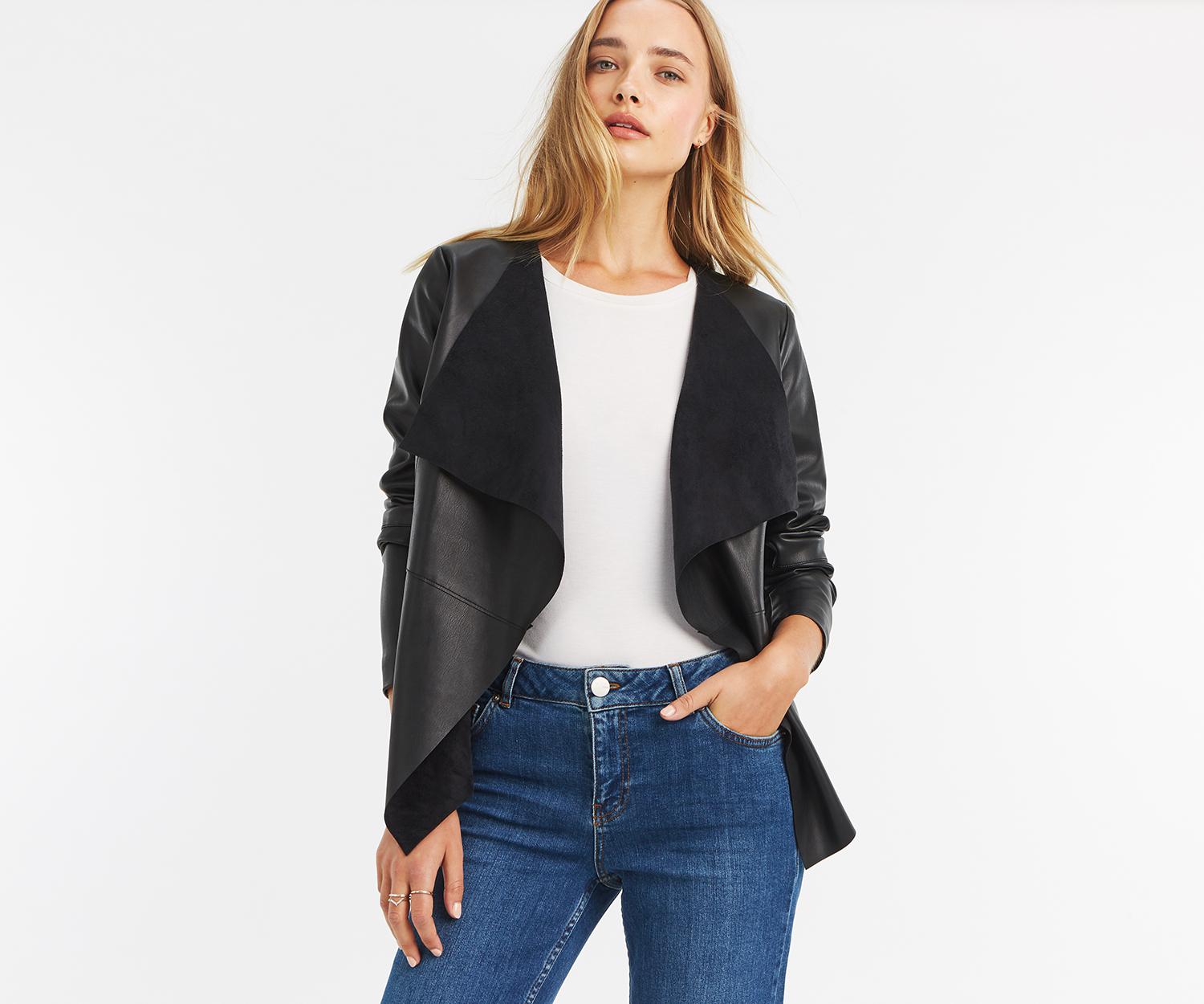 Oasis Faux Leather Waterfall Jacket In Black Lyst Oasis Women S Black Faux Leather Waterfall Jacket