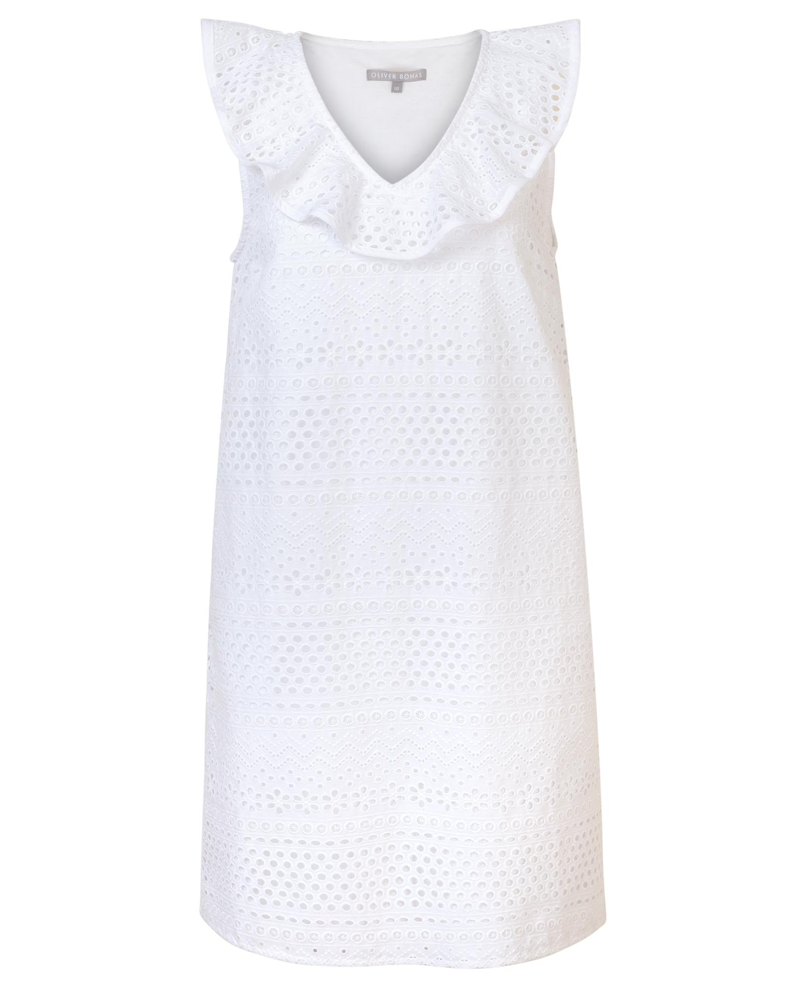 Oliver Bonas Ruffle V-neck Broderie White Shift Dress in White - Lyst
