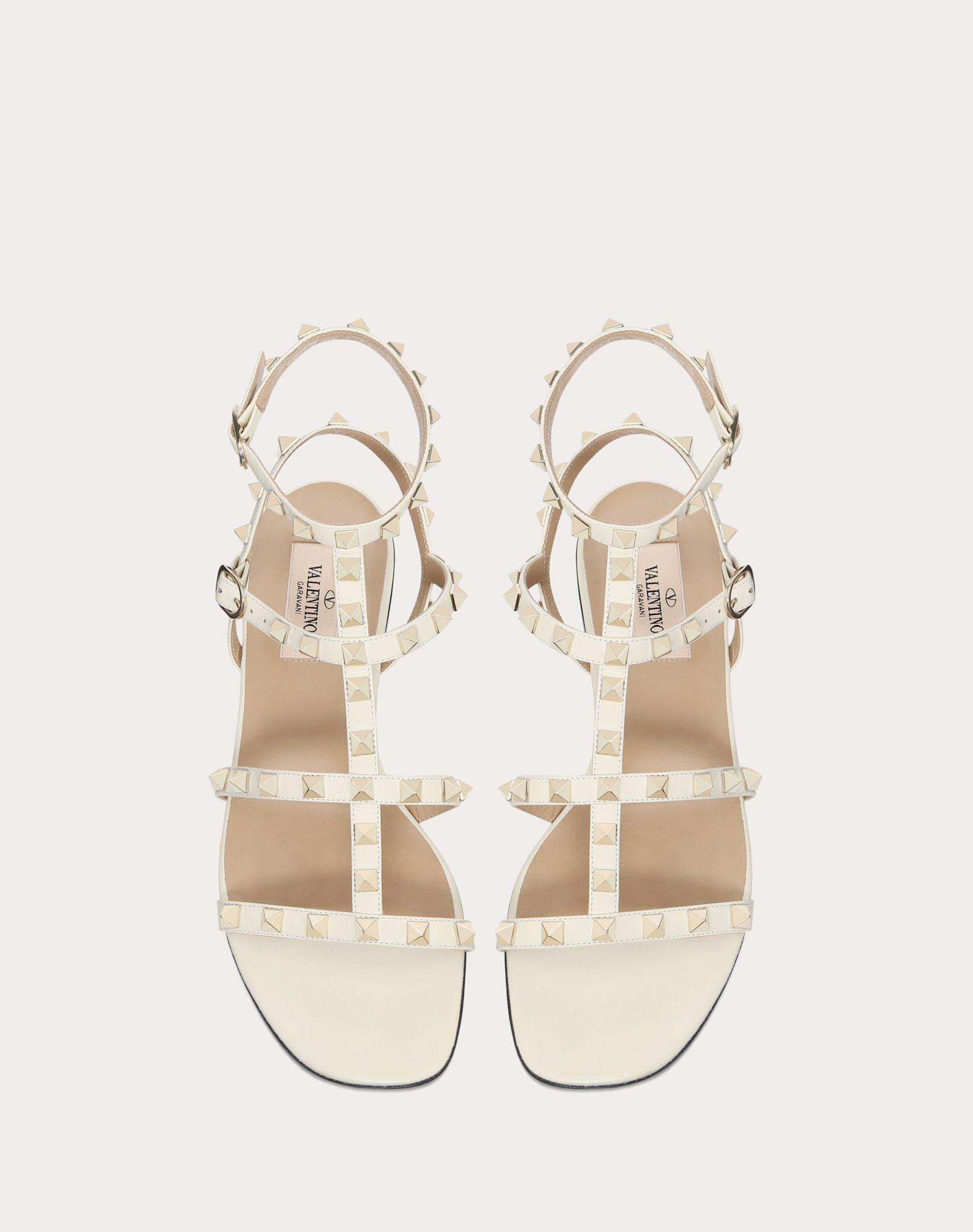 Valentino Rockstud Calfskin Ankle Strap Flat Sandal in White - Lyst