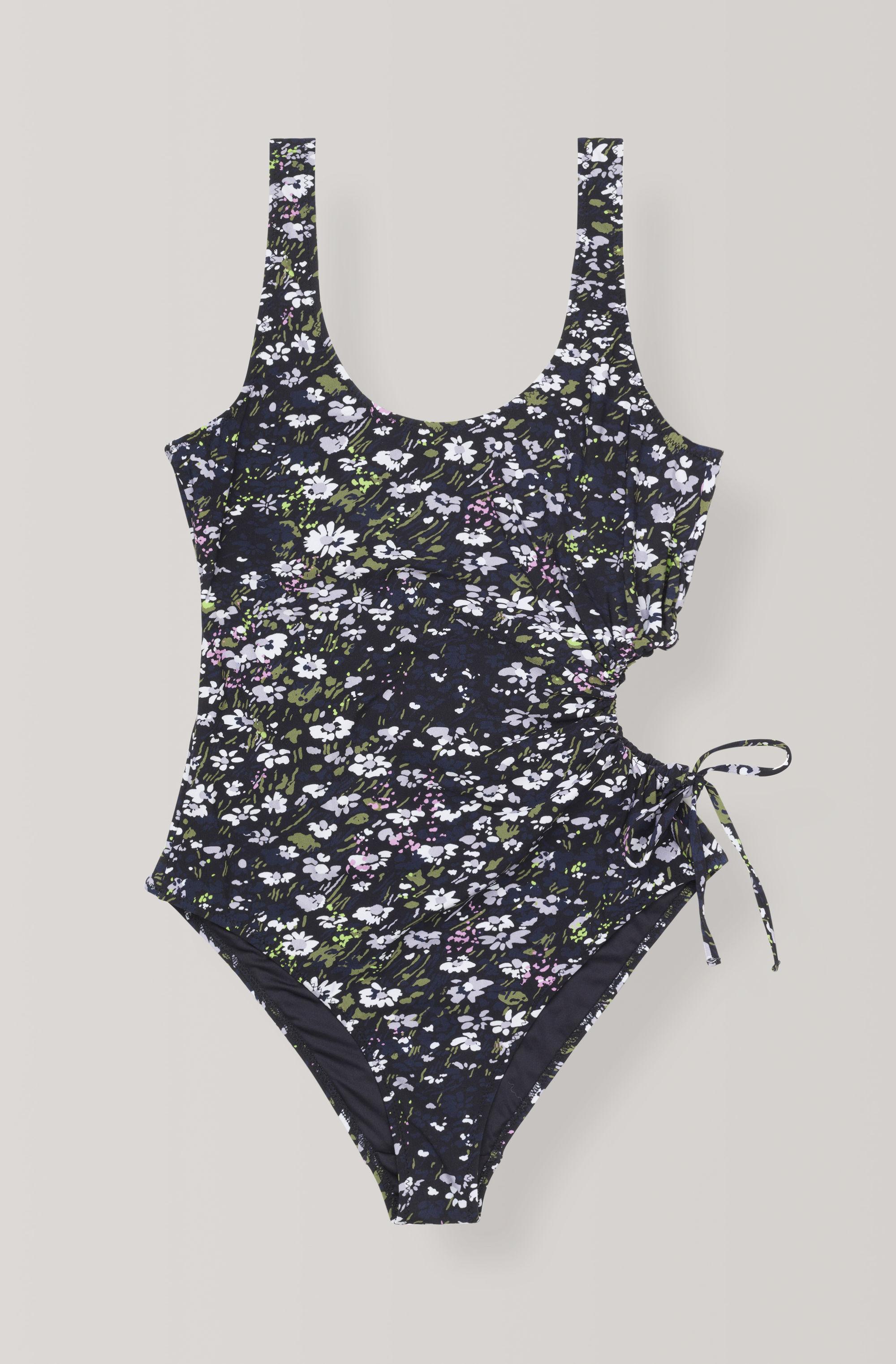 Ganni Recycled Fabric Swimwear Drawstring Swimsuit in Black - Lyst