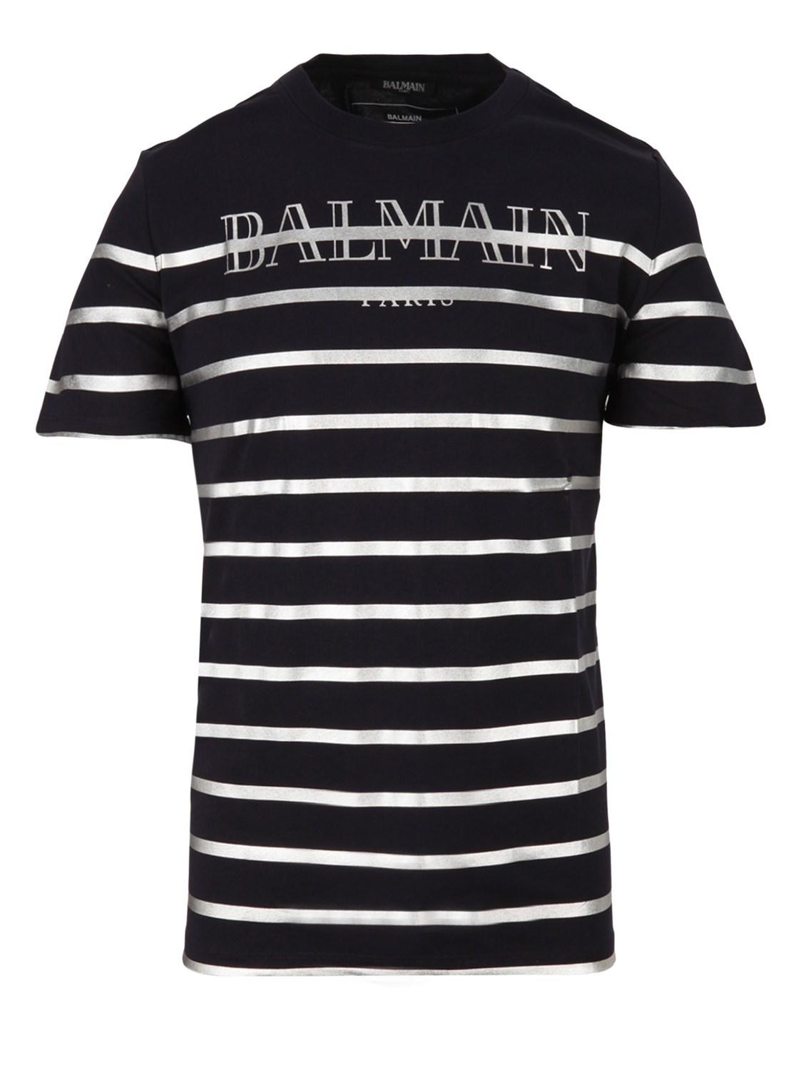 Lyst Balmain Blue Navy Tshirt In Cotton With Silver Stripes And Brand Logo Prints in Blue for Men