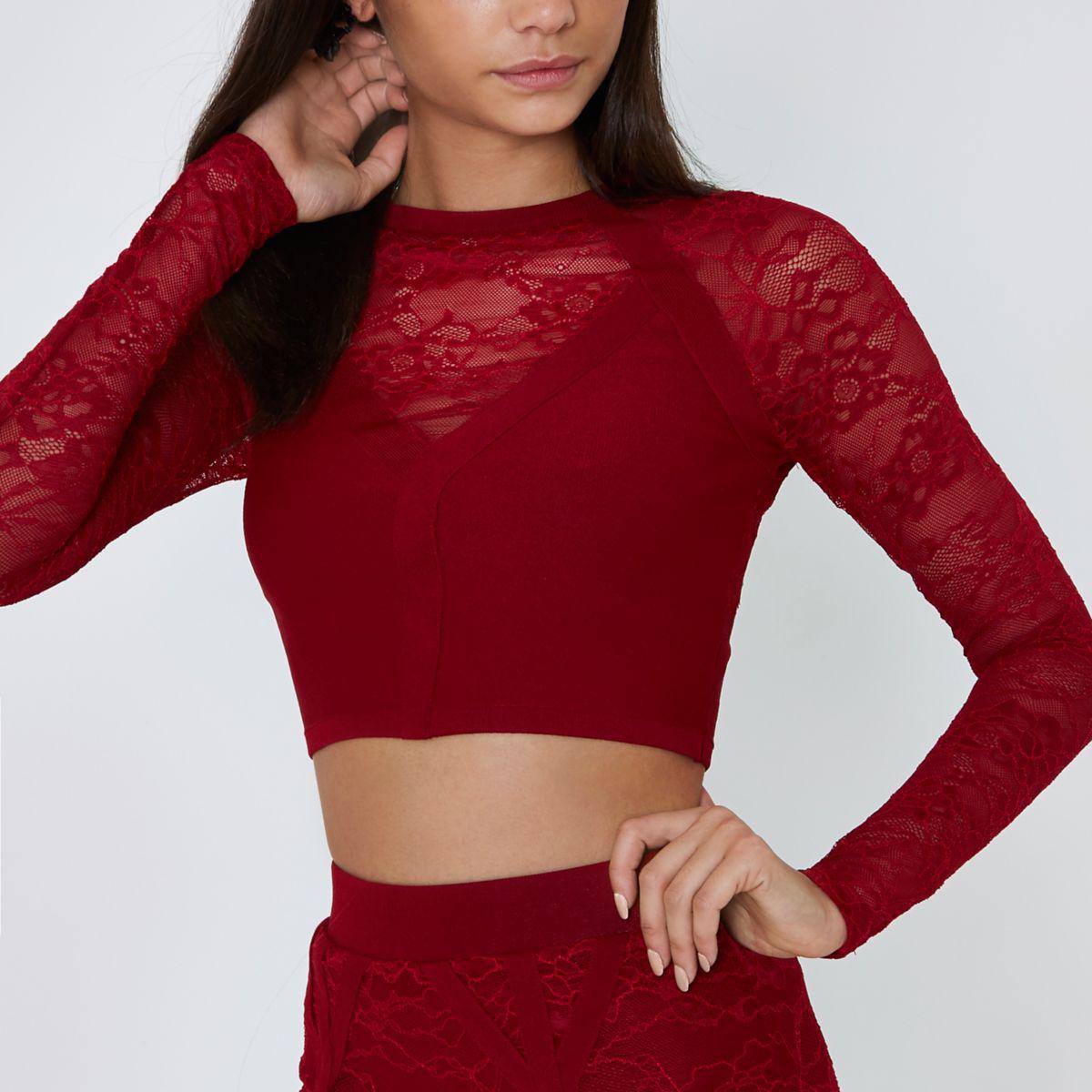 River island Red Lace Long Sleeve Crop Top Red Lace Long Sleeve Crop Top in Red Lyst
