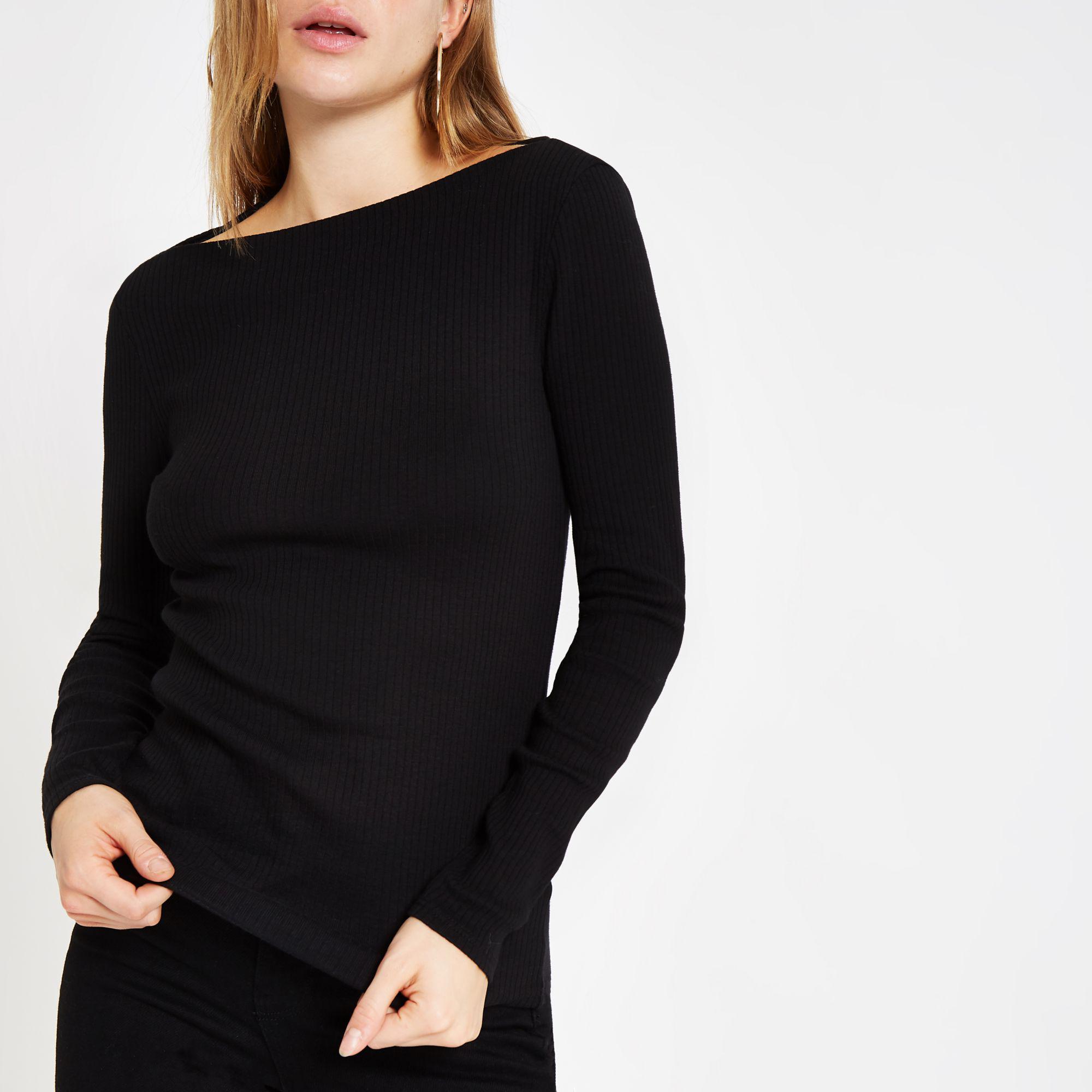 Lyst - River Island Ribbed Boat Neck Long Sleeve Top in Black