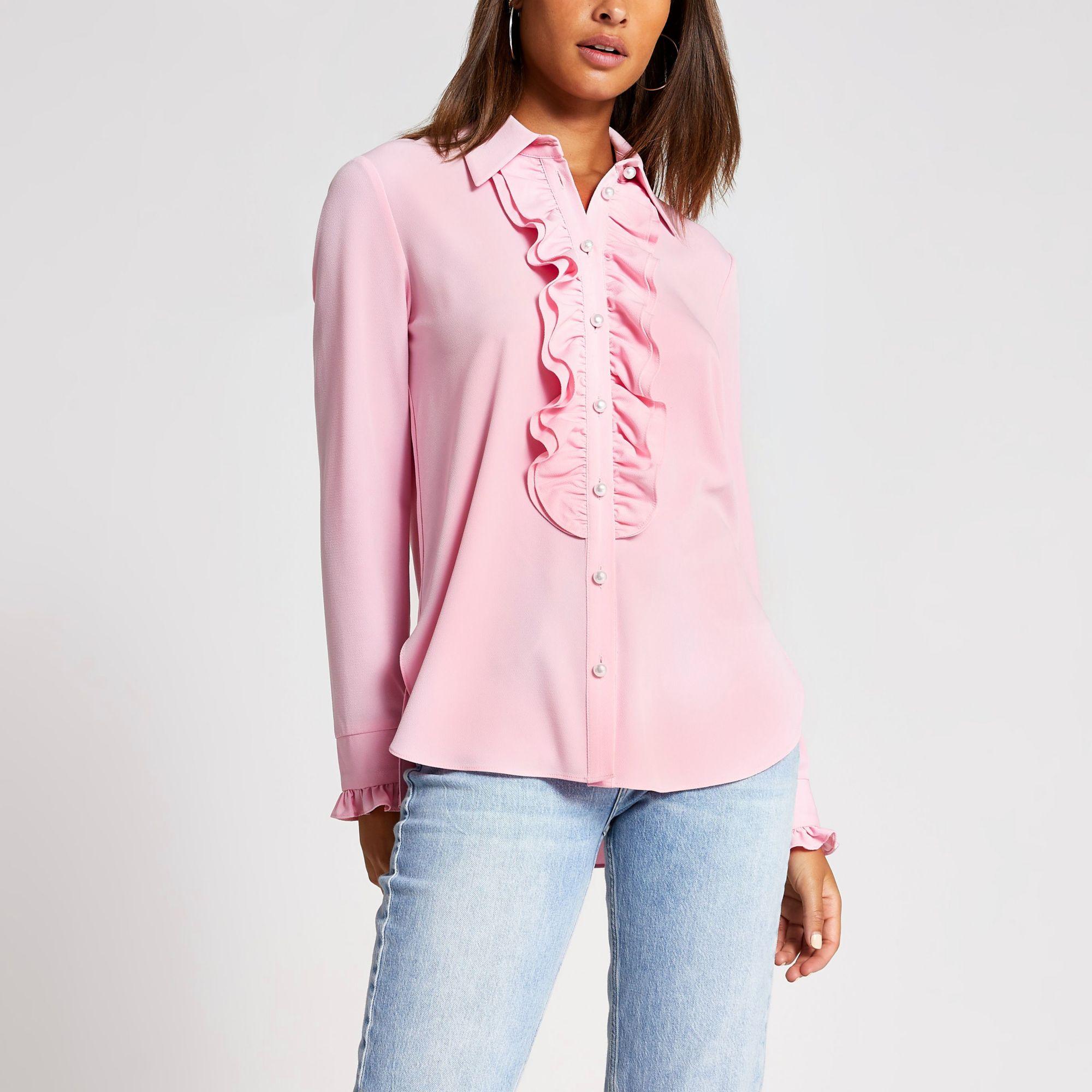 River Island Synthetic Pink Long Sleeve Frill Shirt - Lyst