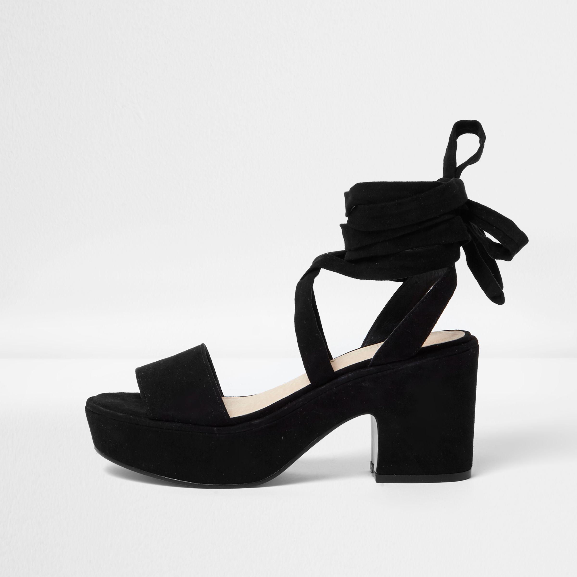 Lyst - River Island Black Soft Tie Platform Mid Heel Sandals in Black