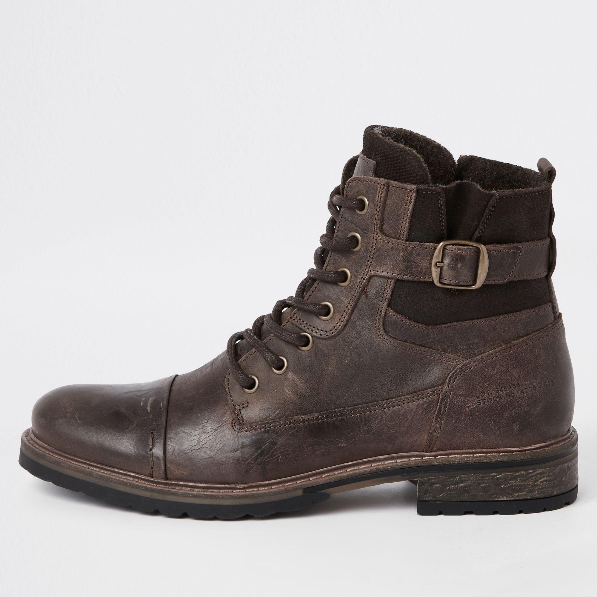 River Island Dark Buckle Lace-up Leather Boots in Brown for Men - Lyst