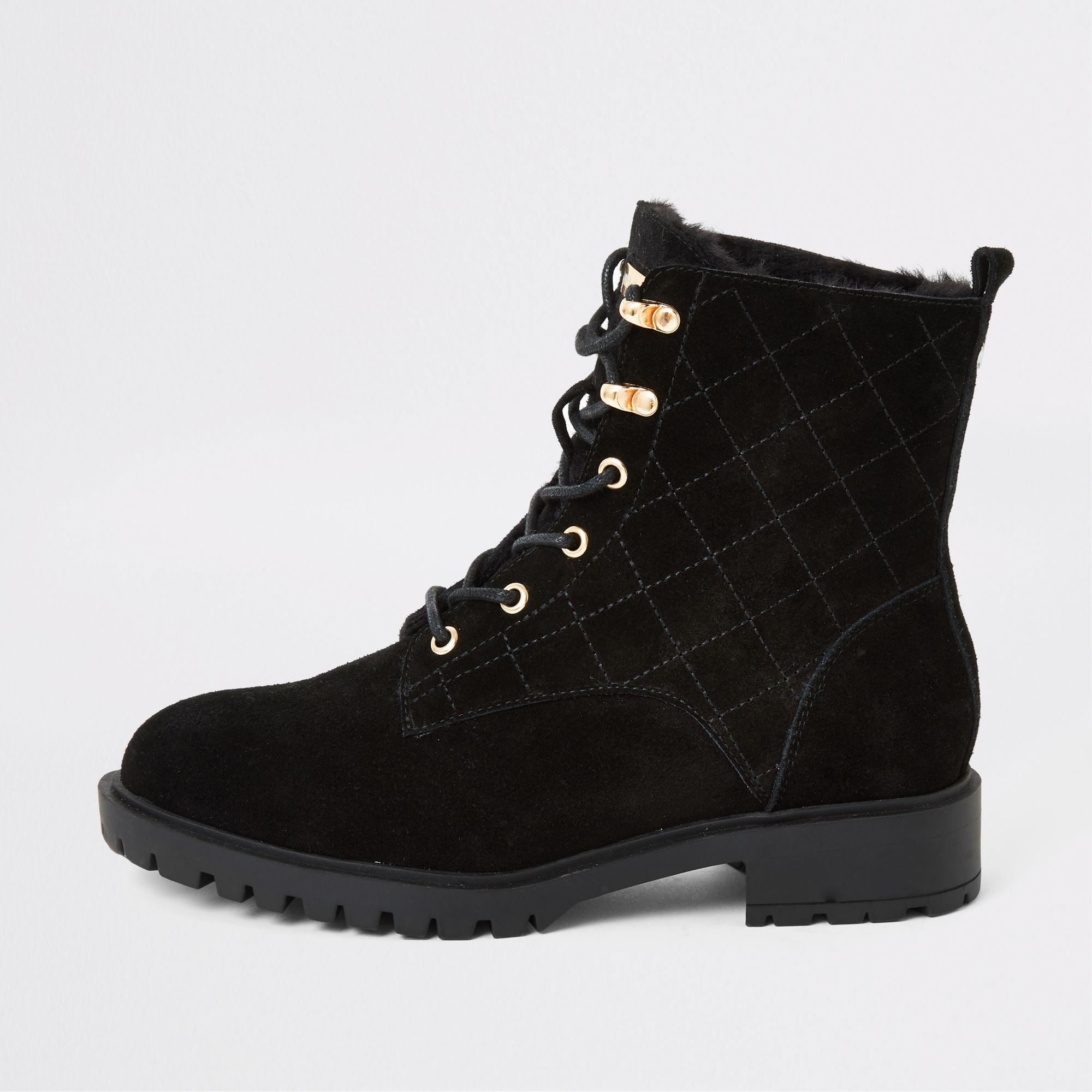 River Island Black Suede Quilted Chunky Lace-up Boots - Lyst