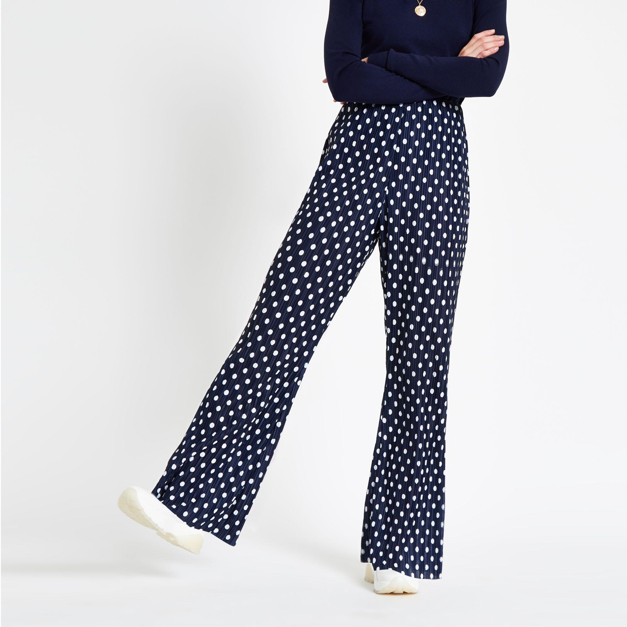 River Island Navy Spot Print Plisse Flare Trousers in Blue - Lyst