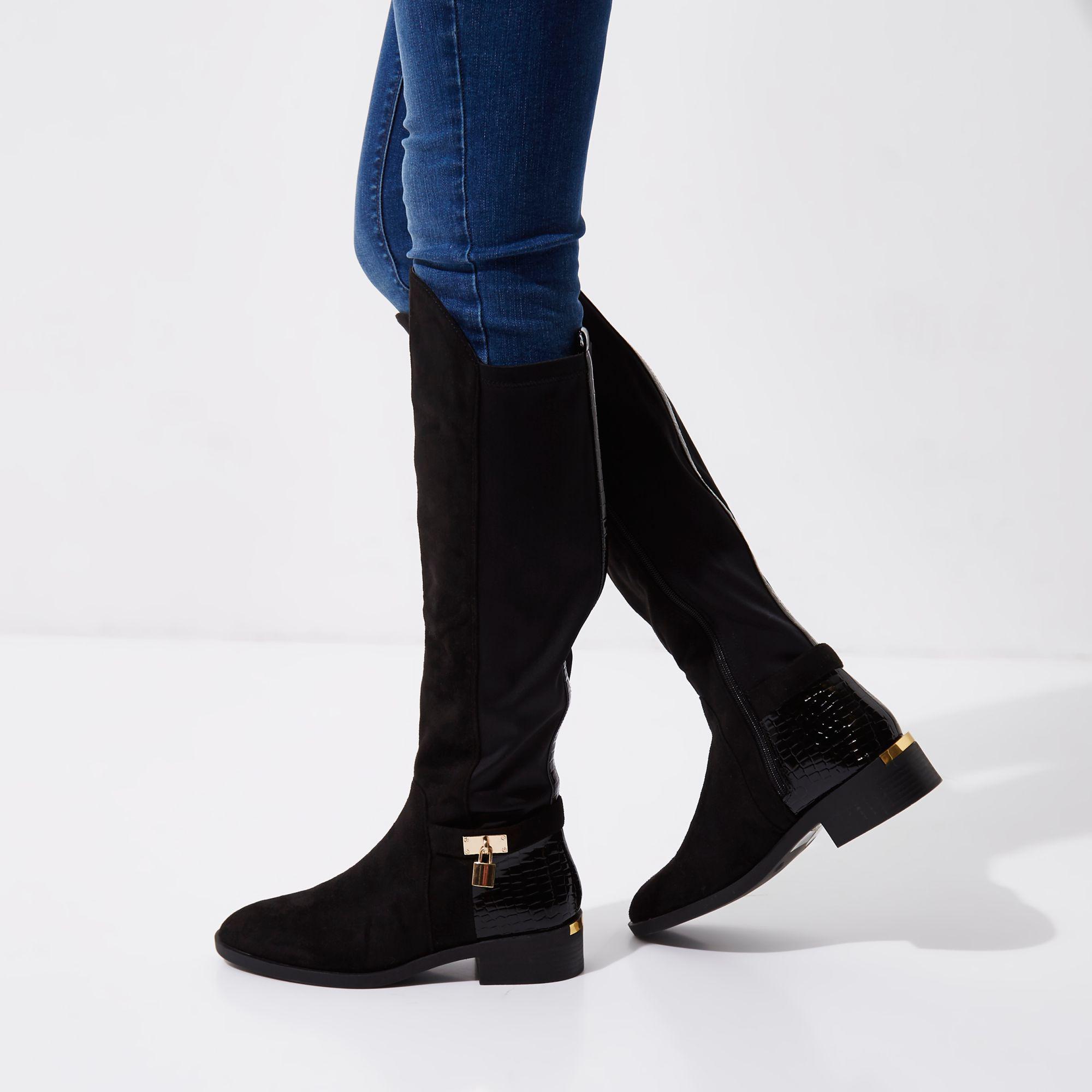River Island Black Knee High Riding Boots in Black - Lyst