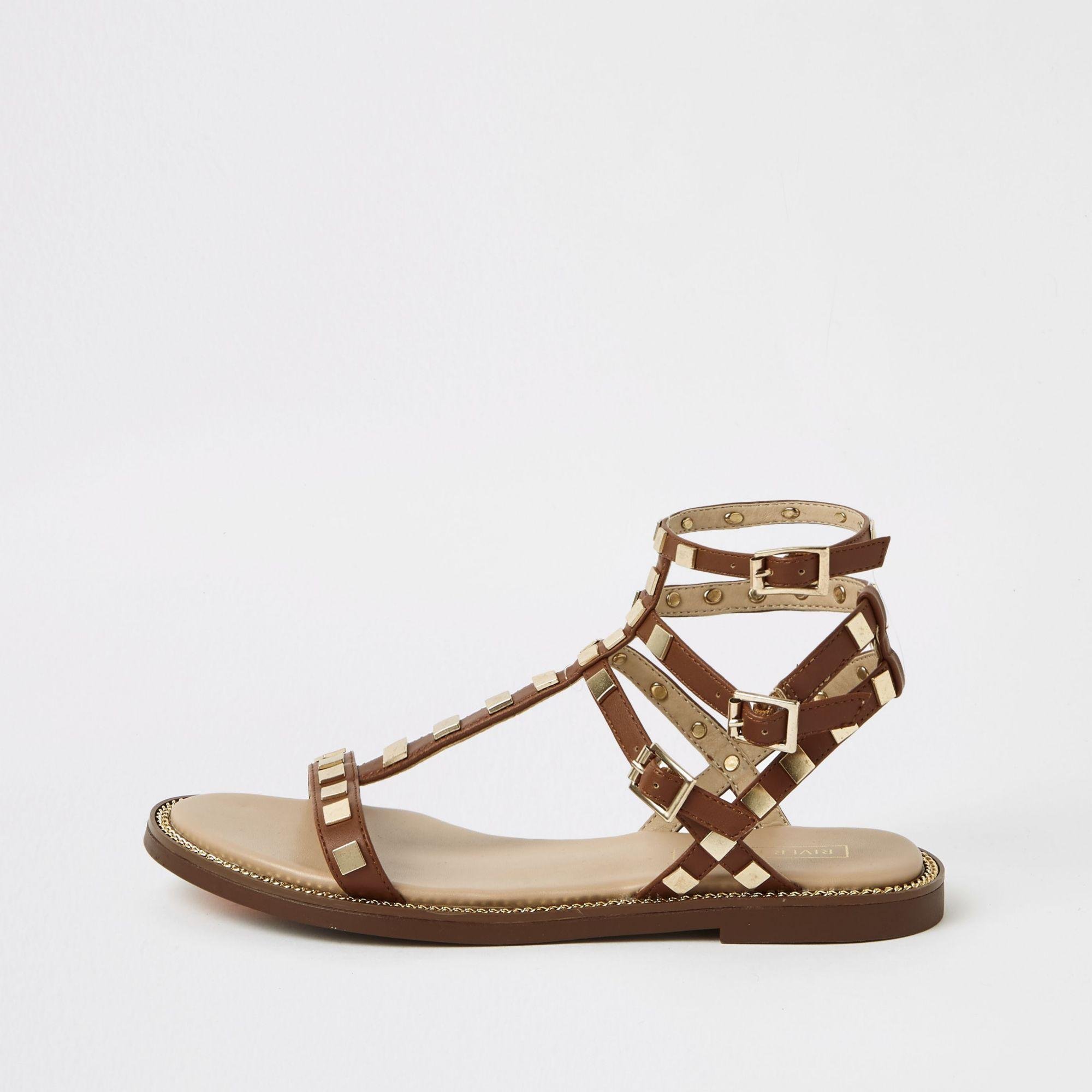 River Island Studded Wide Fit Gladiator Sandals in Brown - Lyst