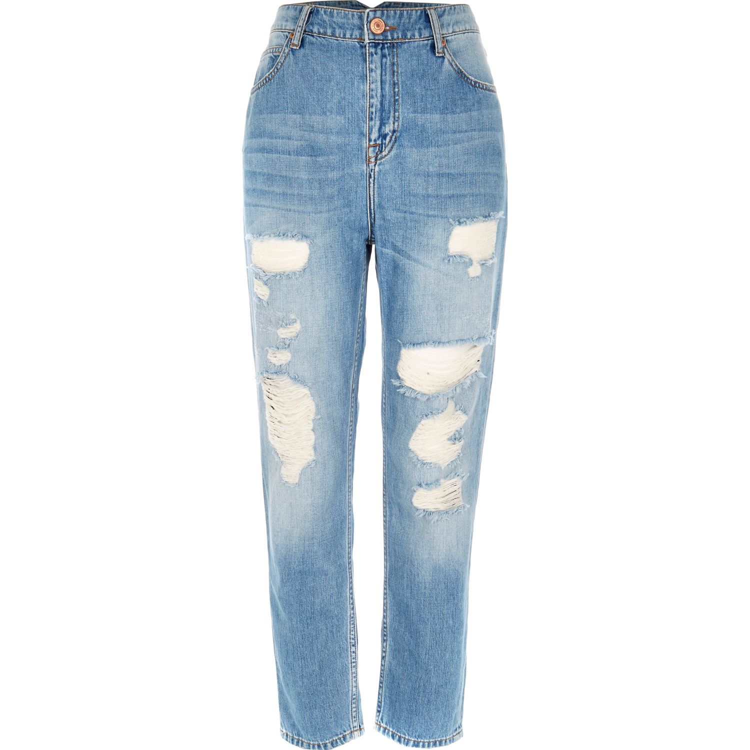 River island Mid Blue Wash Ripped Mom Jeans in Blue | Lyst
