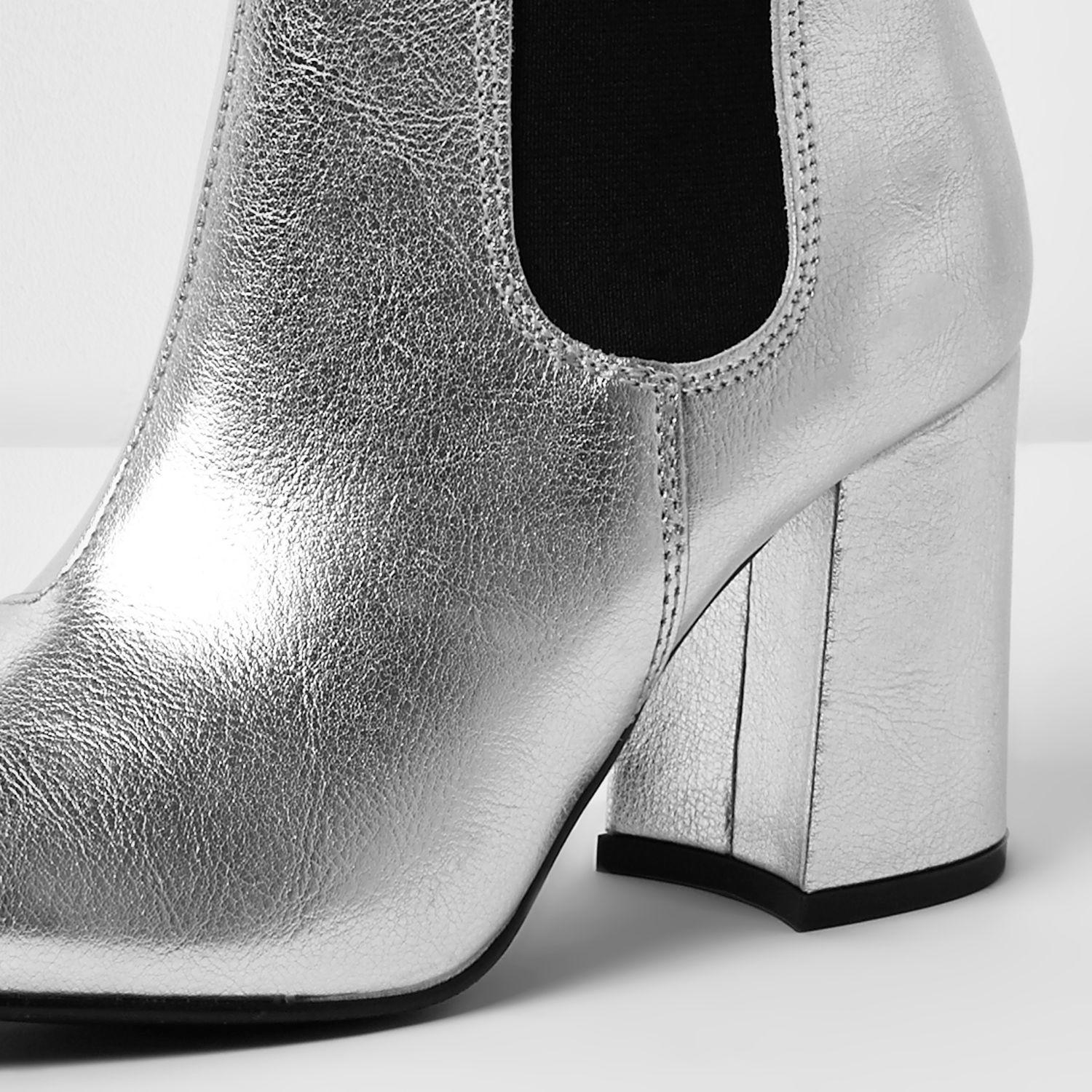 silver block heel booties