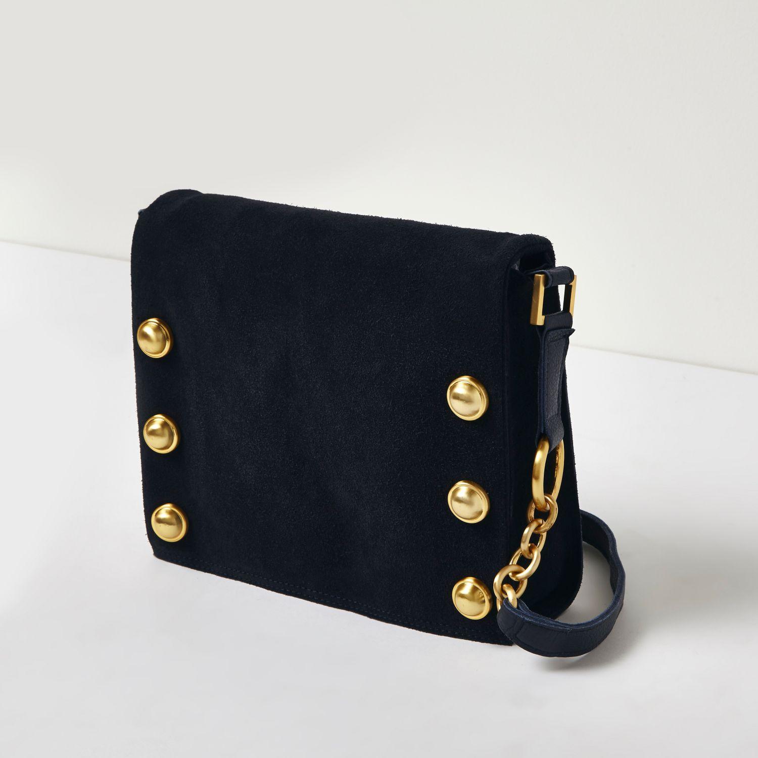 small navy suede clutch bag