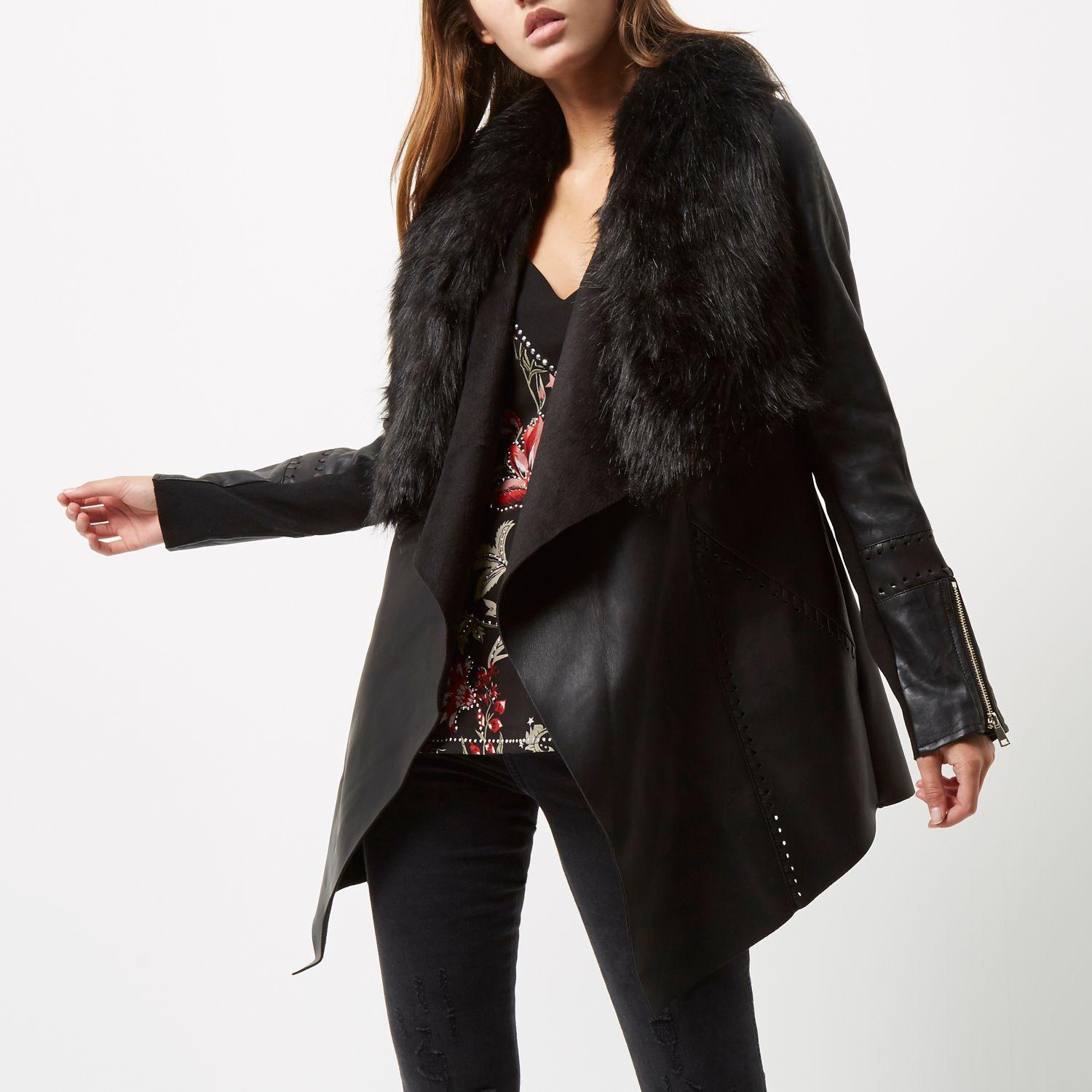 River Island Black Faux Fur Trim Waterfall Jacket In Lyst Gallery Women S Waterfall Jackets Biker