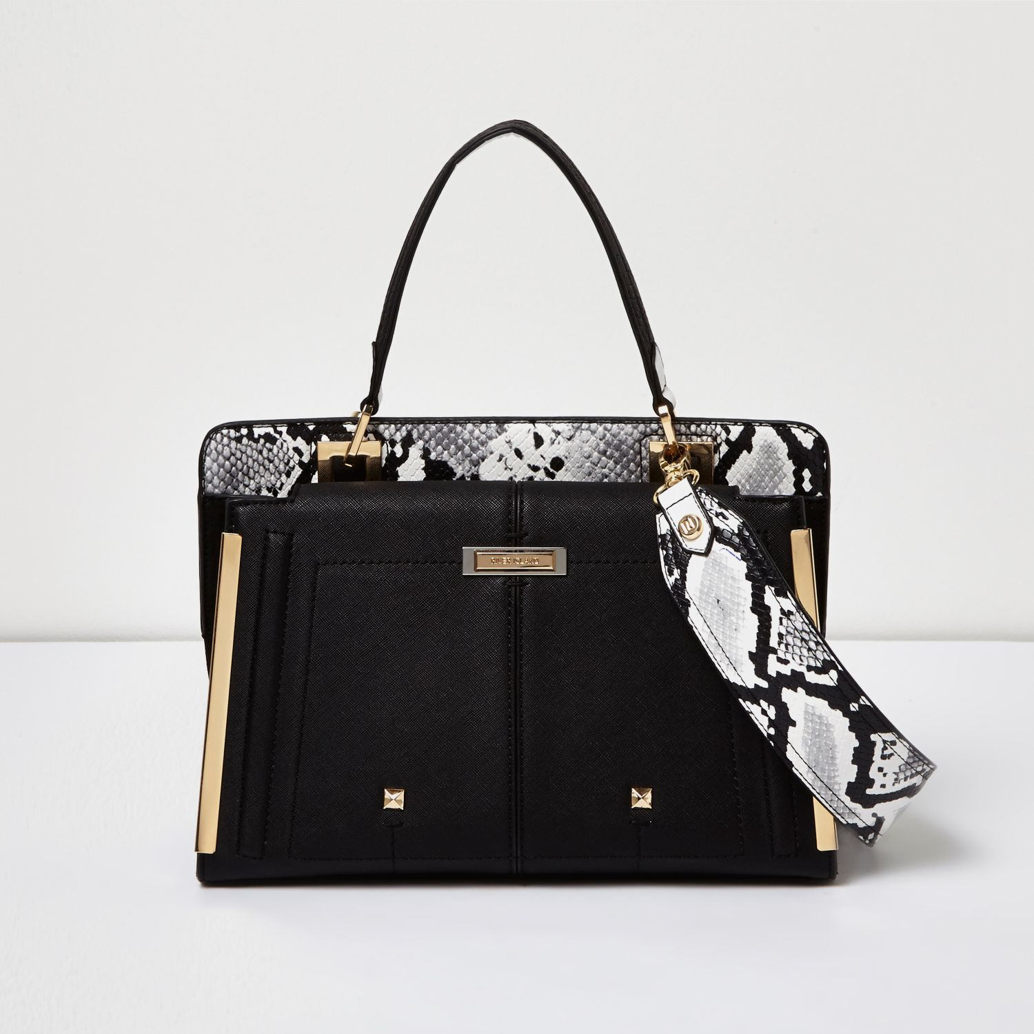 Lyst - River Island Black Snake Print Small Boxy Handbag in Black