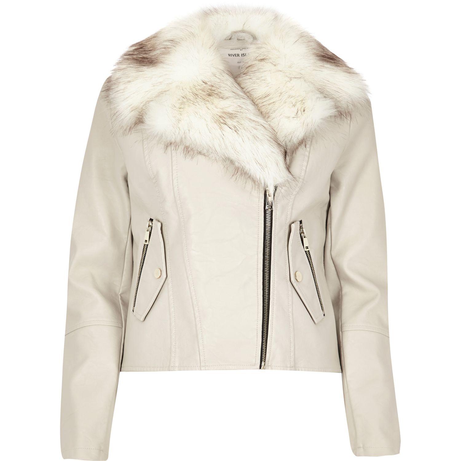 Lyst River Island Stone Faux Fur Trim Biker Jacket In Natural Gallery Women S Duster Jackets