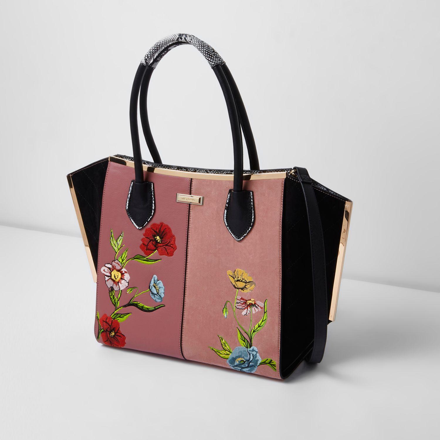 River Island Pink Floral Embroidered Winged Tote Bag in Pink - Lyst