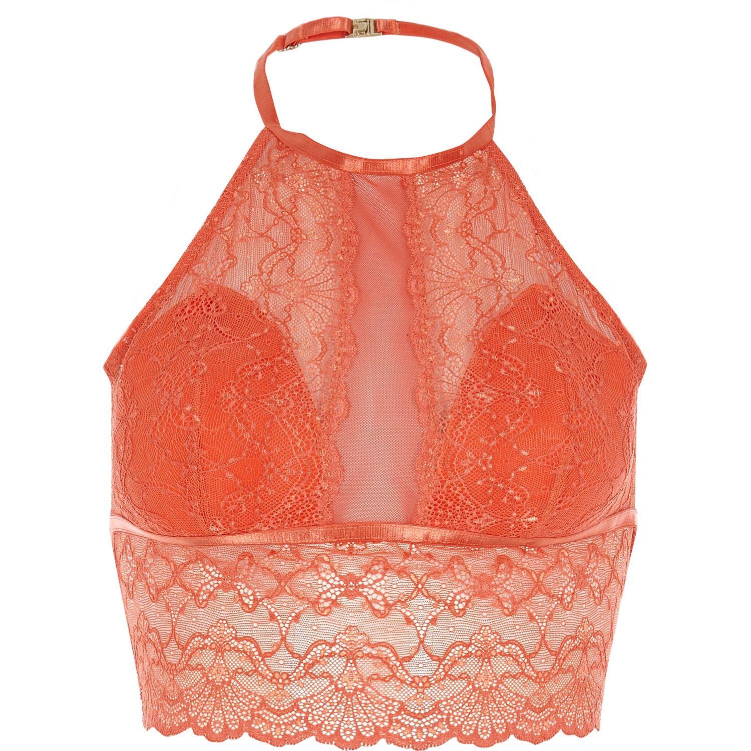 Lyst - River island Red Halterneck Longline Lace Bra in Red