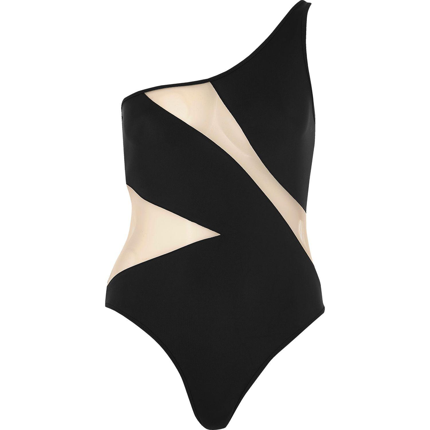 River island Black Mesh Panel One Shoulder Swimsuit in Black | Lyst