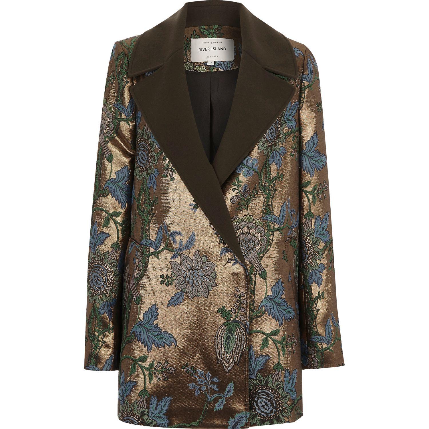 River island Gold Jacquard Floral Blazer Coat in Metallic | Lyst