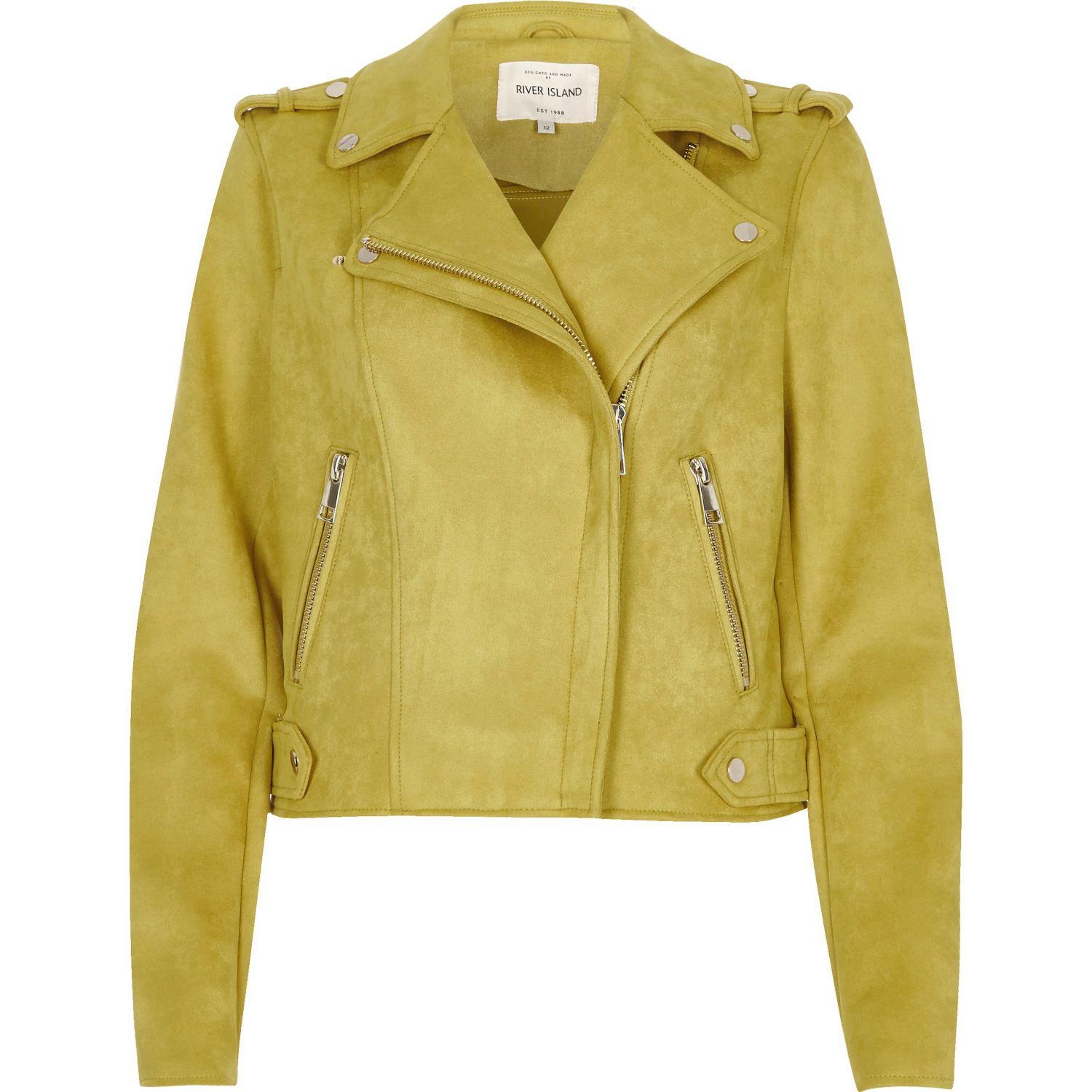 Lyst River Island Yellow Suede Look Biker Jacket In Gallery