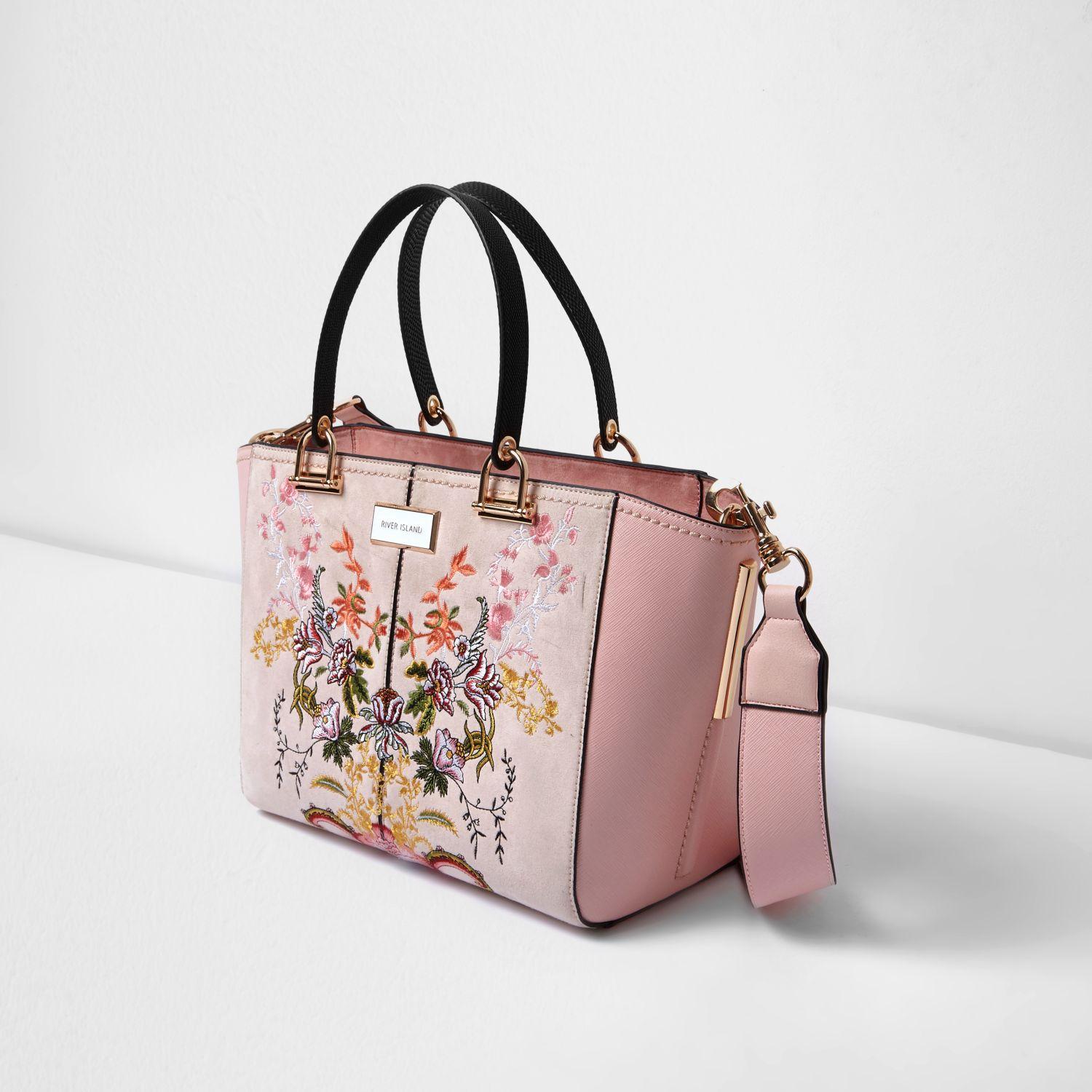River island Pink Floral Embroidered Tote Bag in Pink | Lyst
