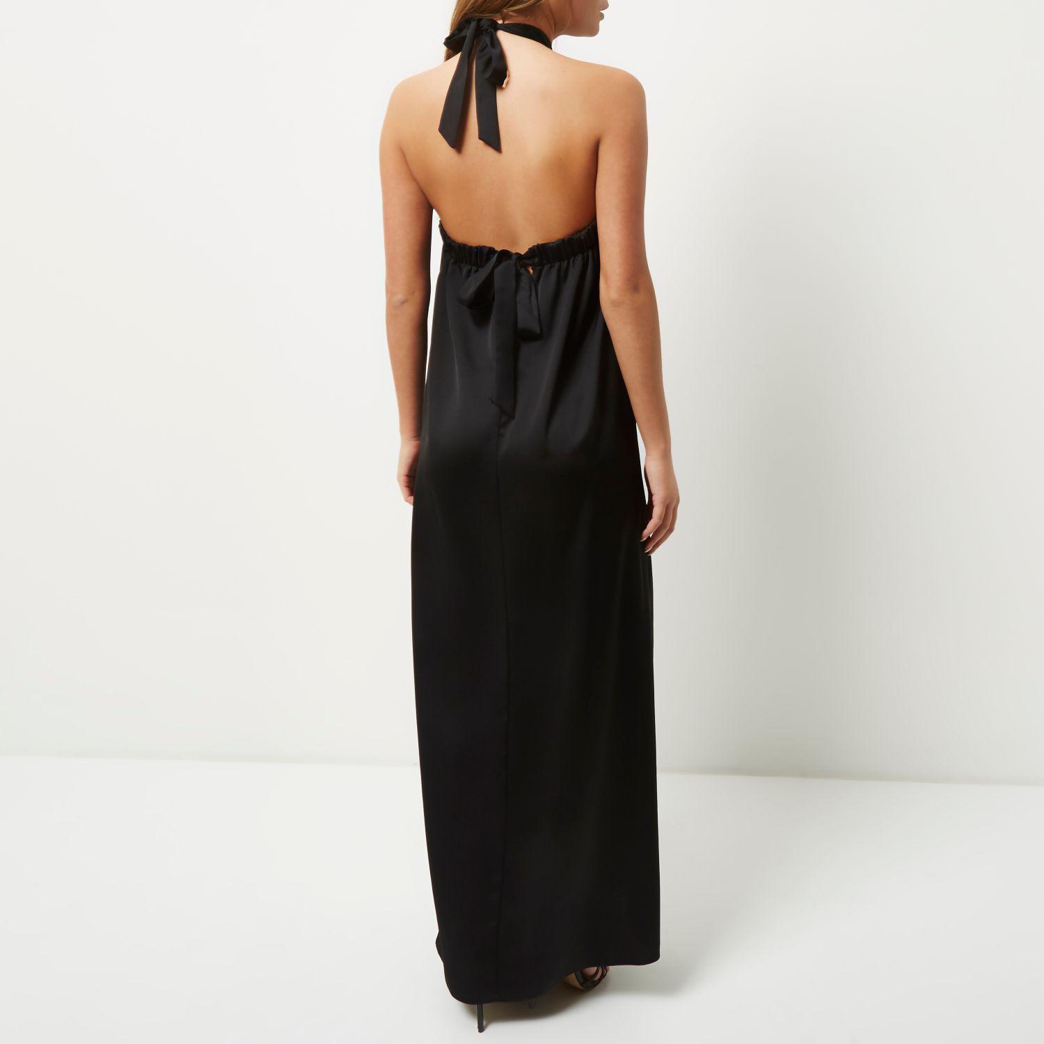 River island Black Silky Halter Neck Maxi Dress in Black | Lyst