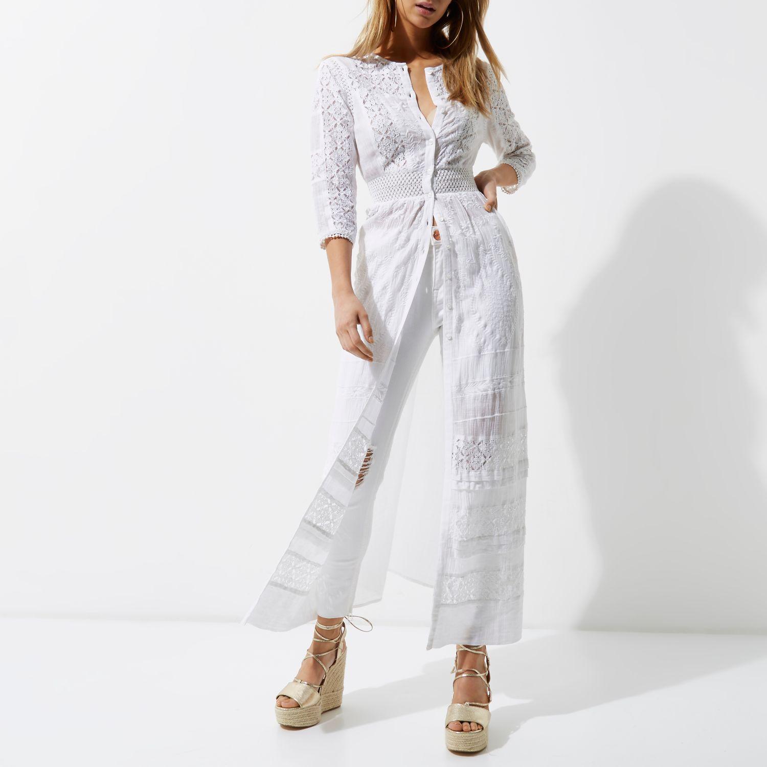 River island White Lace Panel Embroidered Maxi Shirt Dress in ...