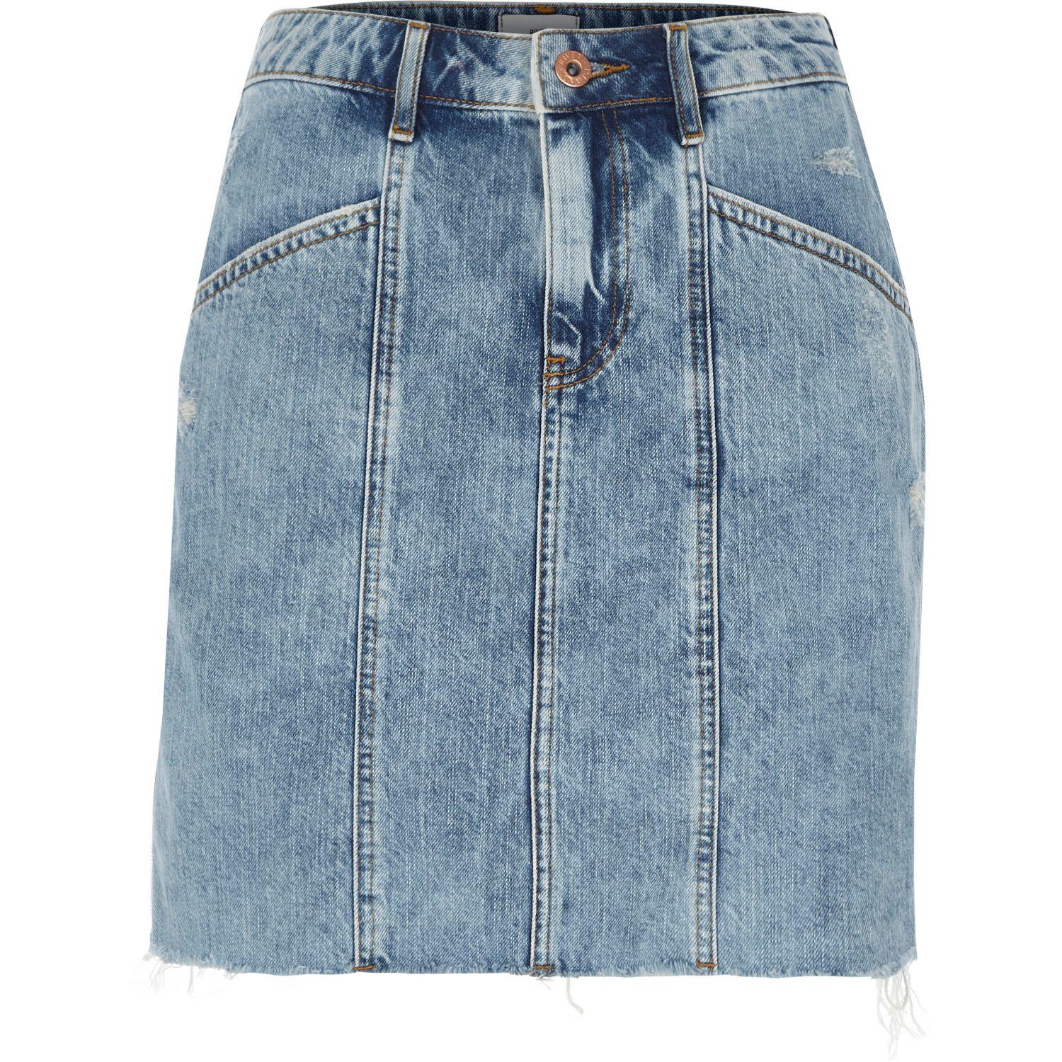 Lyst - River Island Blue Panel High Waisted Denim Skirt in Blue