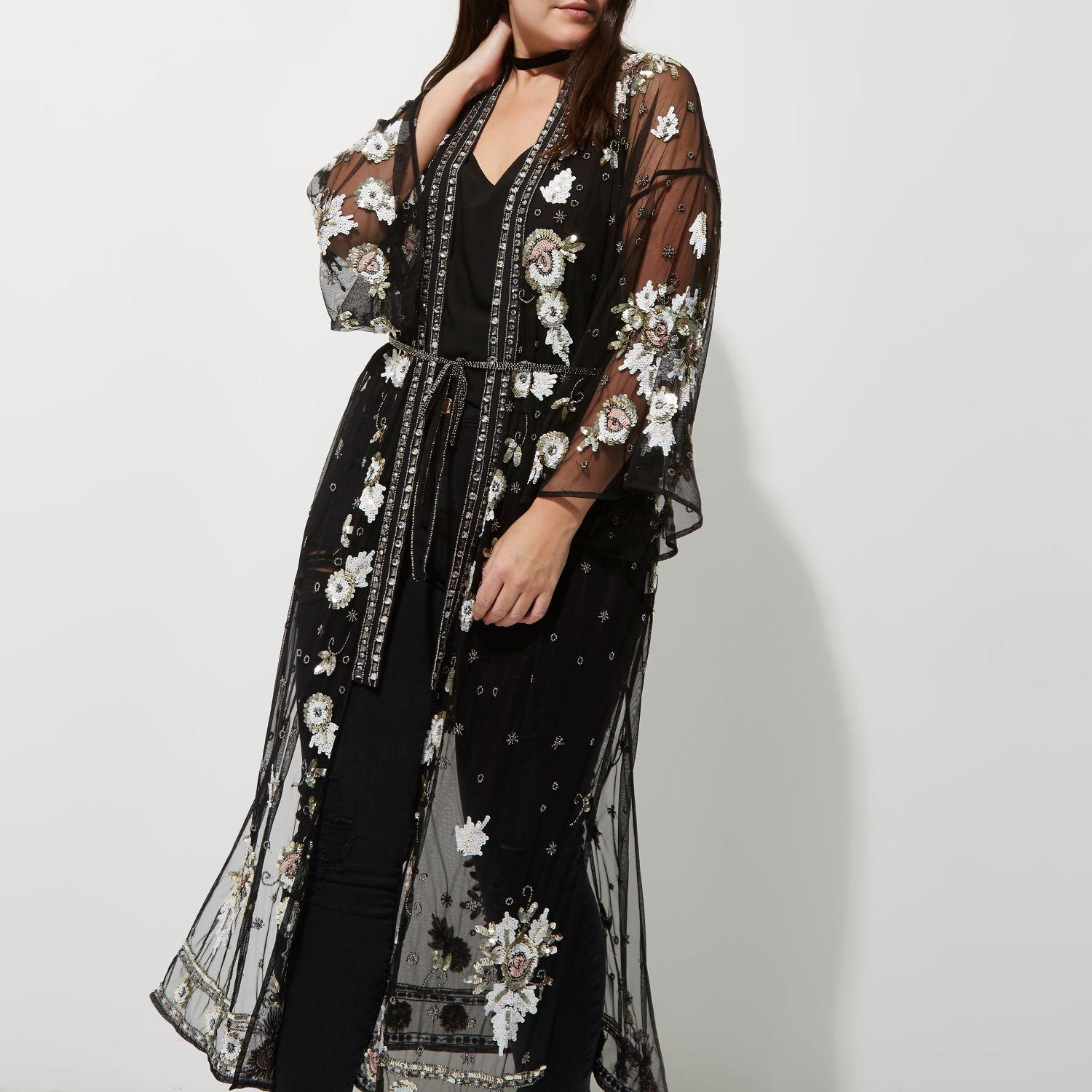 Lyst River Island Plus Black Mesh Embellished Kimono in Black