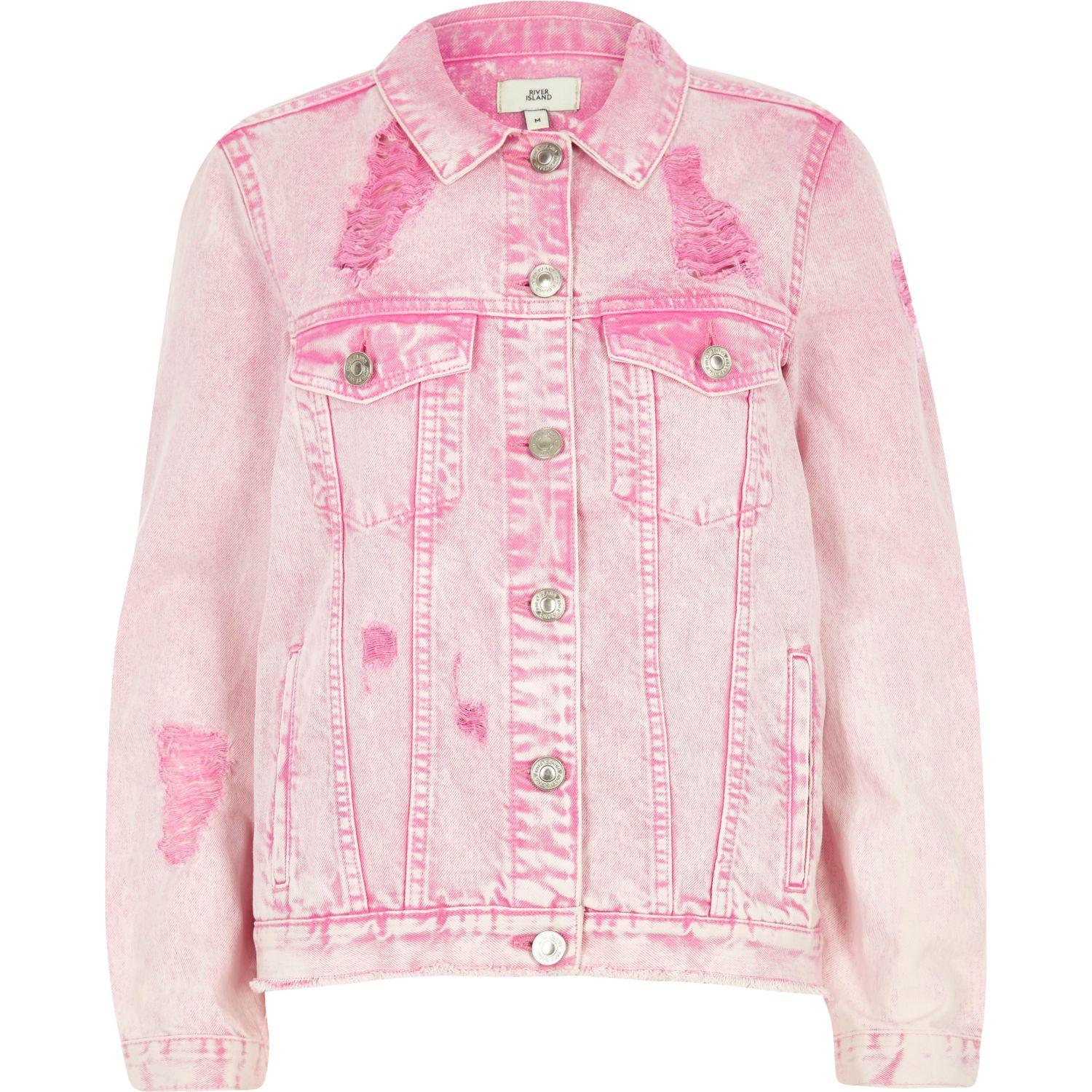 Lyst - River Island Pink Acid Wash Ripped Oversized Denim Jacket in Pink