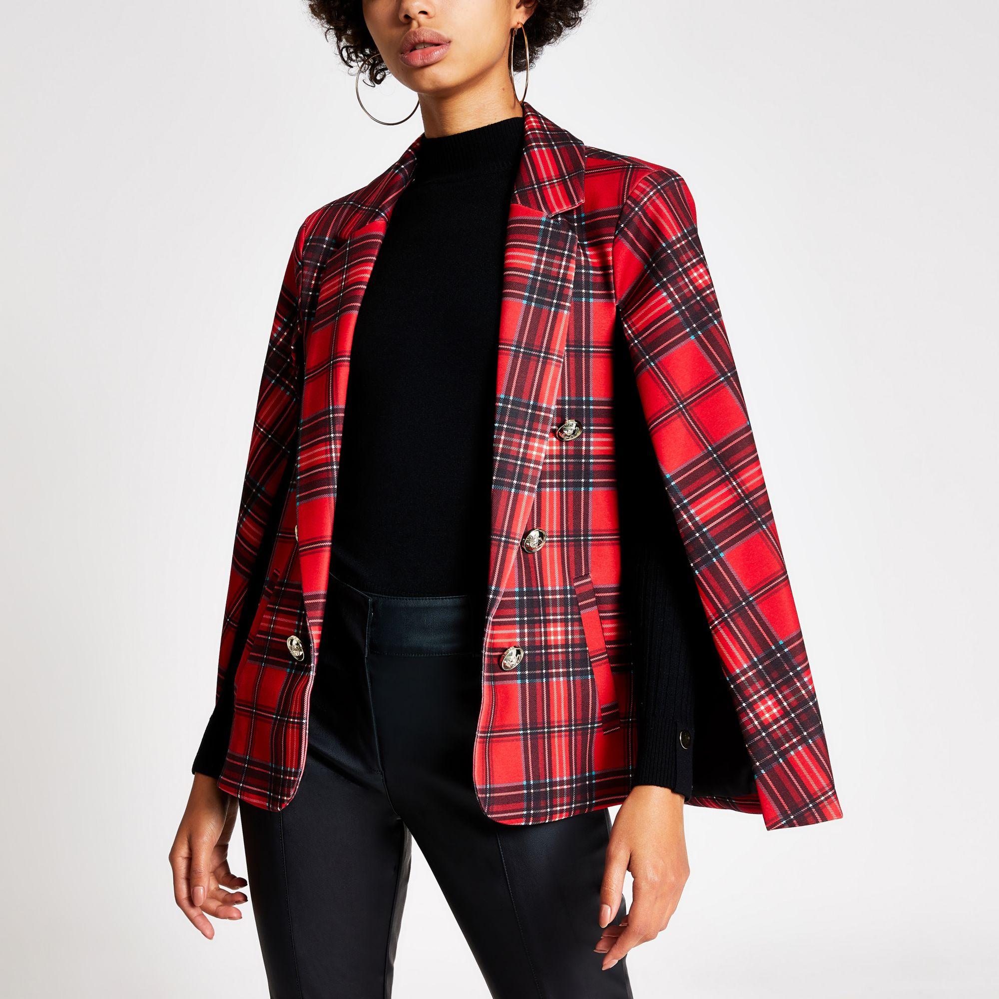 River Island Synthetic Red Tartan Crested Button Cape Blazer - Lyst
