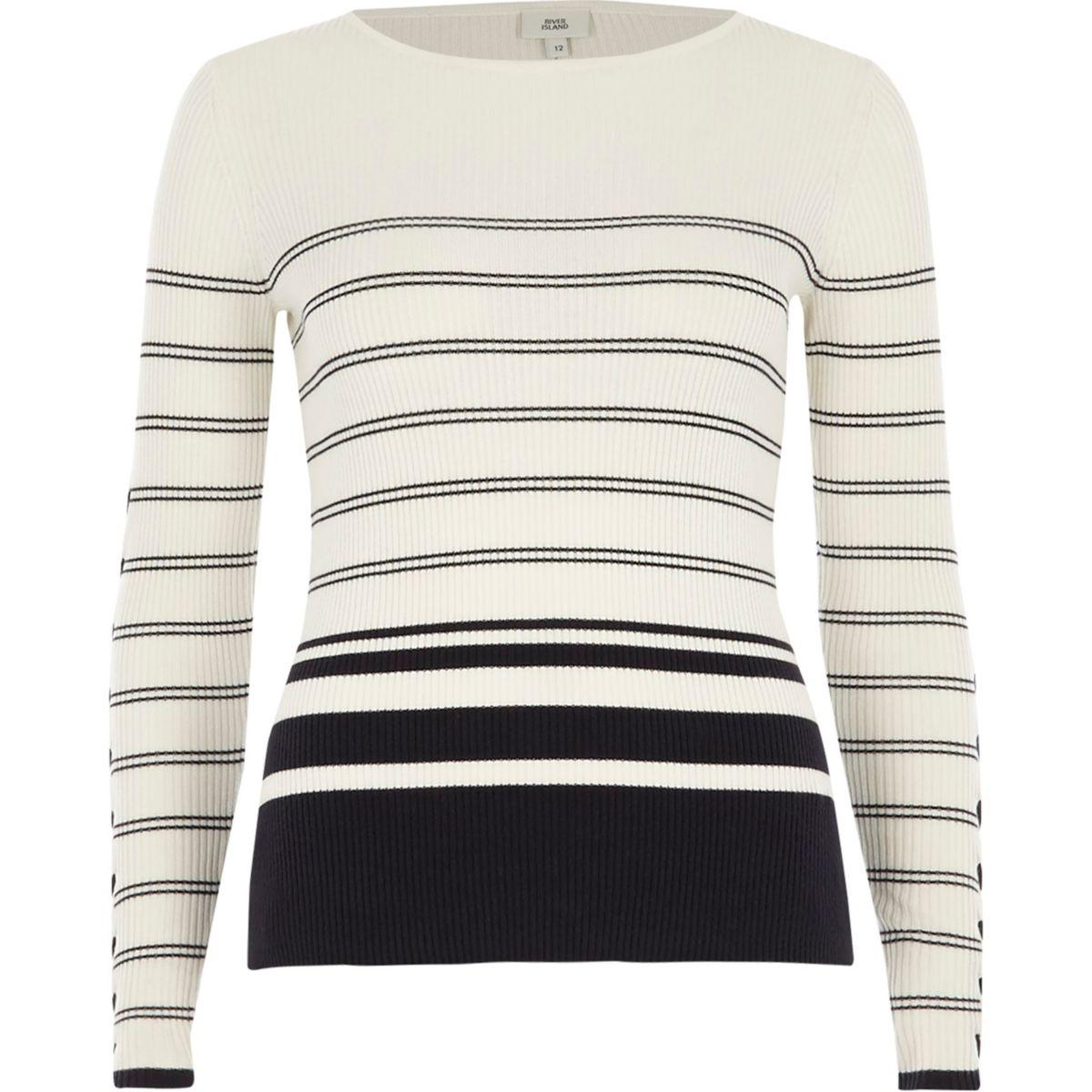 Lyst - River island Cream Stripe Lace-up Sleeve Knitted Top Cream ...