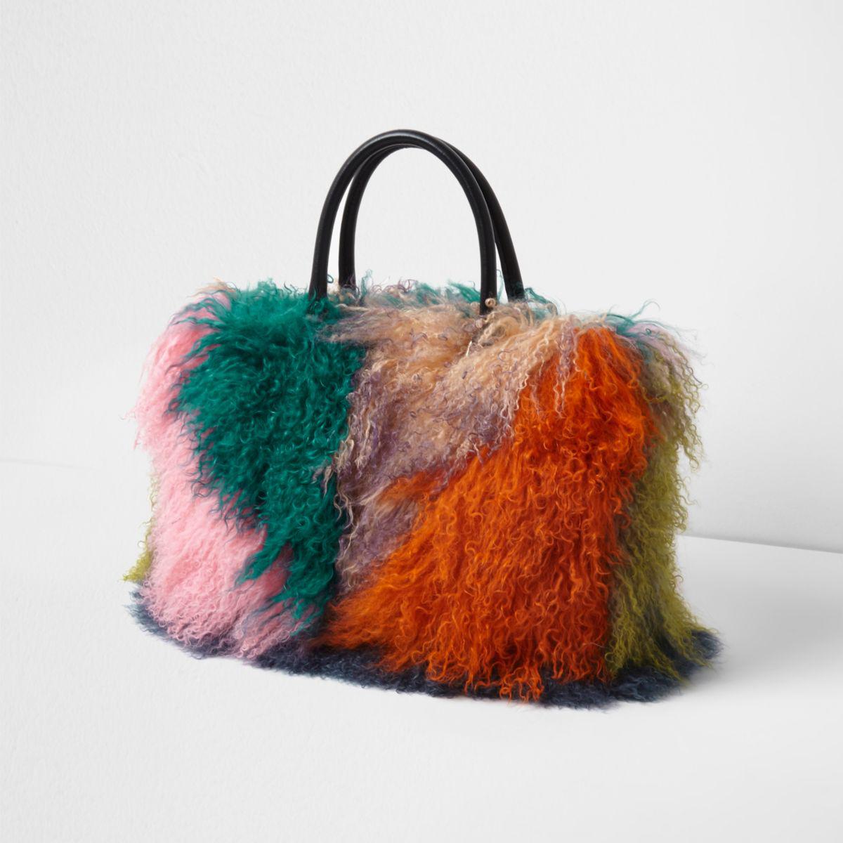 River Island Orange Mongolian Fur Patchwork Large Tote Bag Gallery