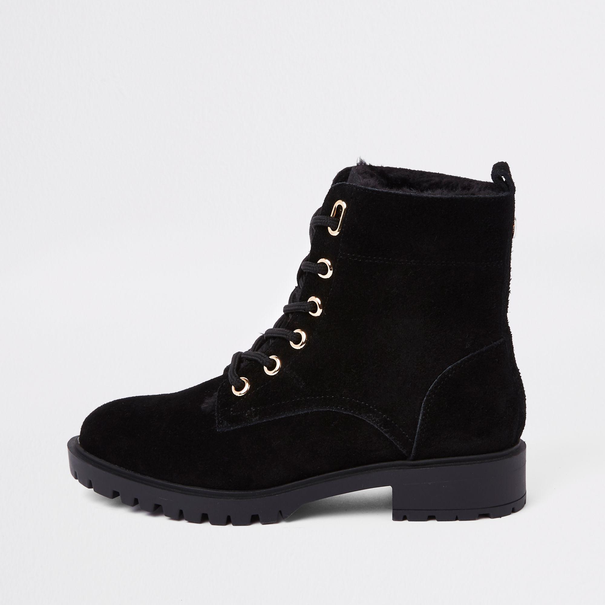 Lyst - River Island Faux Fur Lined Lace-up Hiking Boots in Black