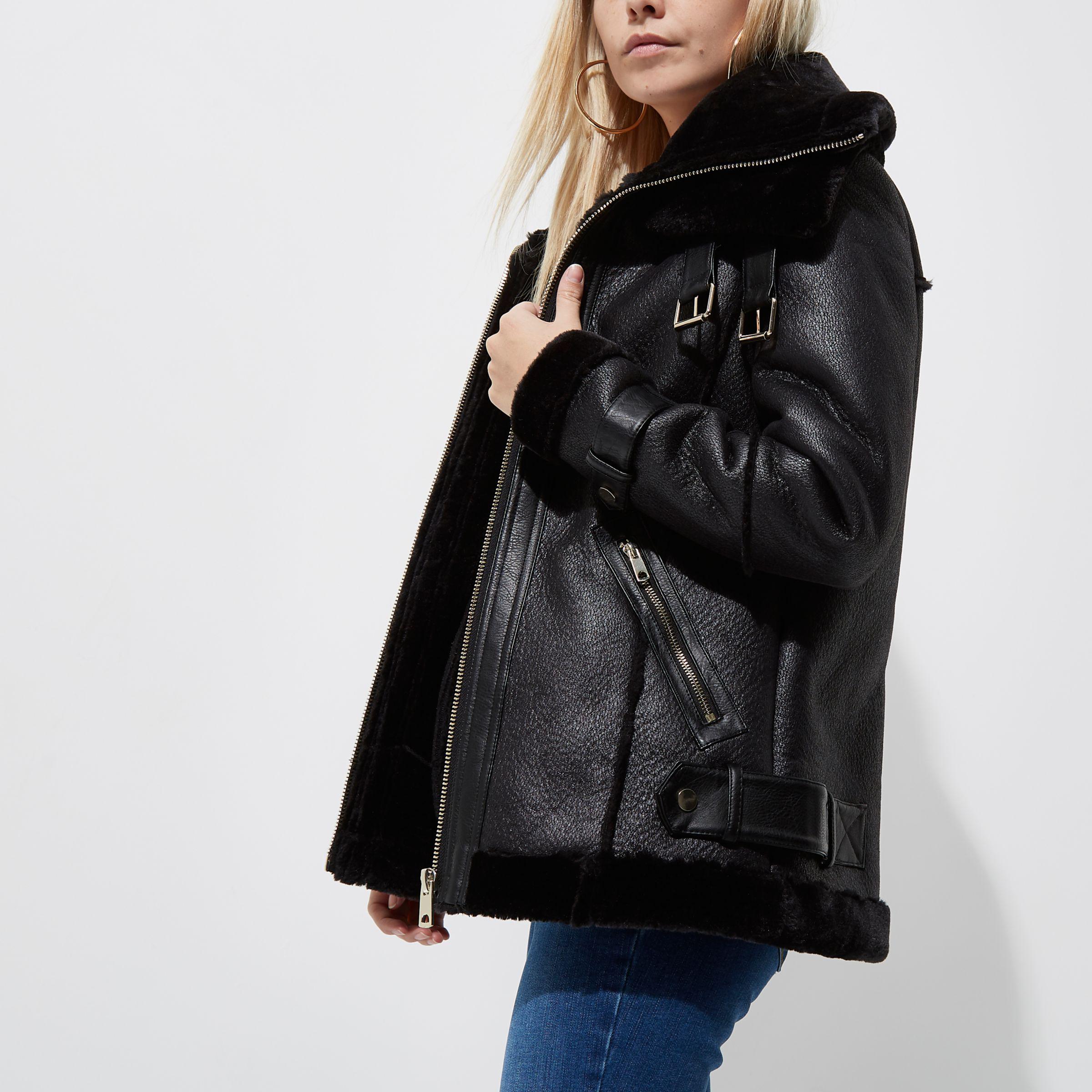 River Island Petite Black Faux Leather Aviator Jacket In Lyst Gallery