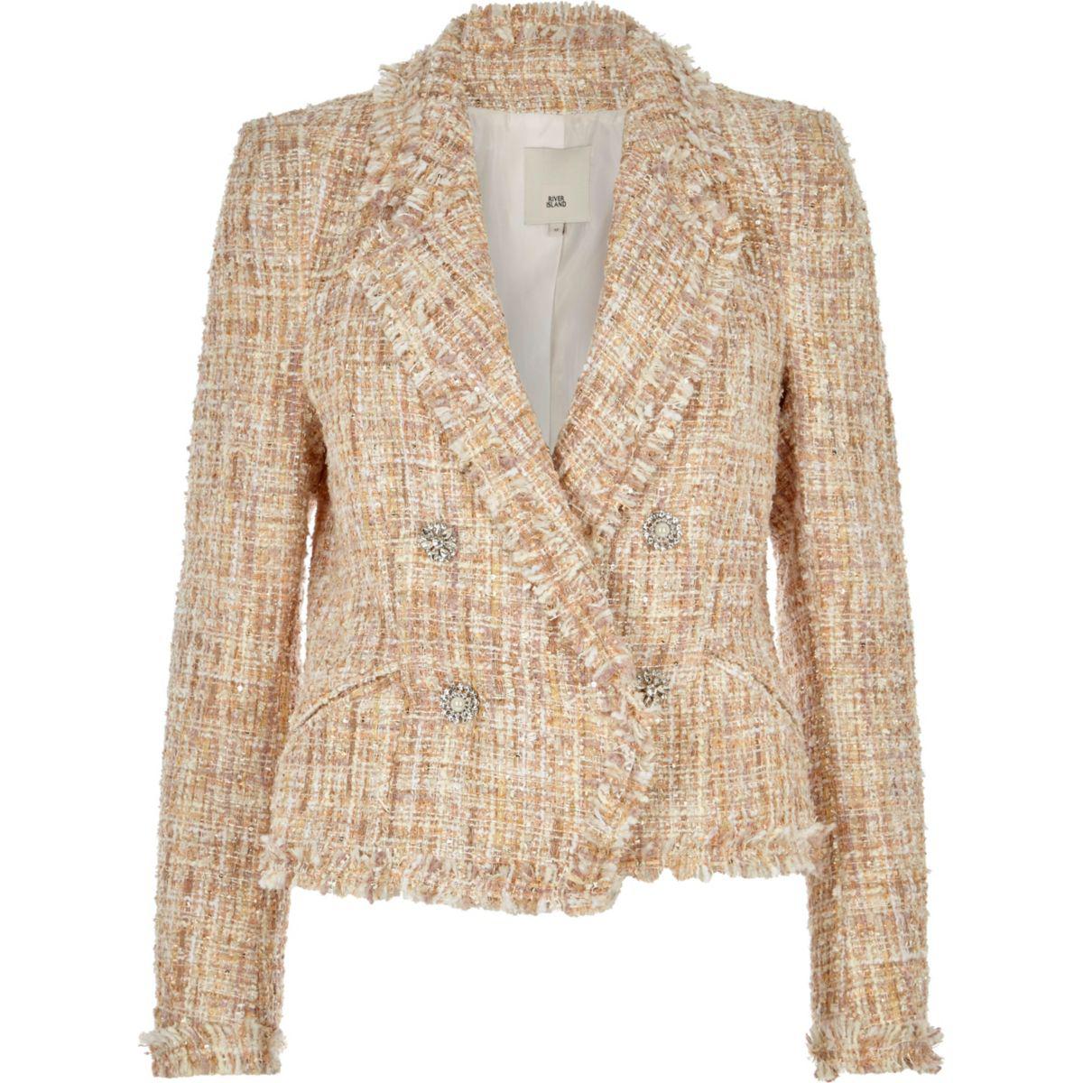 Lyst - River Island Cream Boucle Glitter Double-breasted Jacket Cream ...