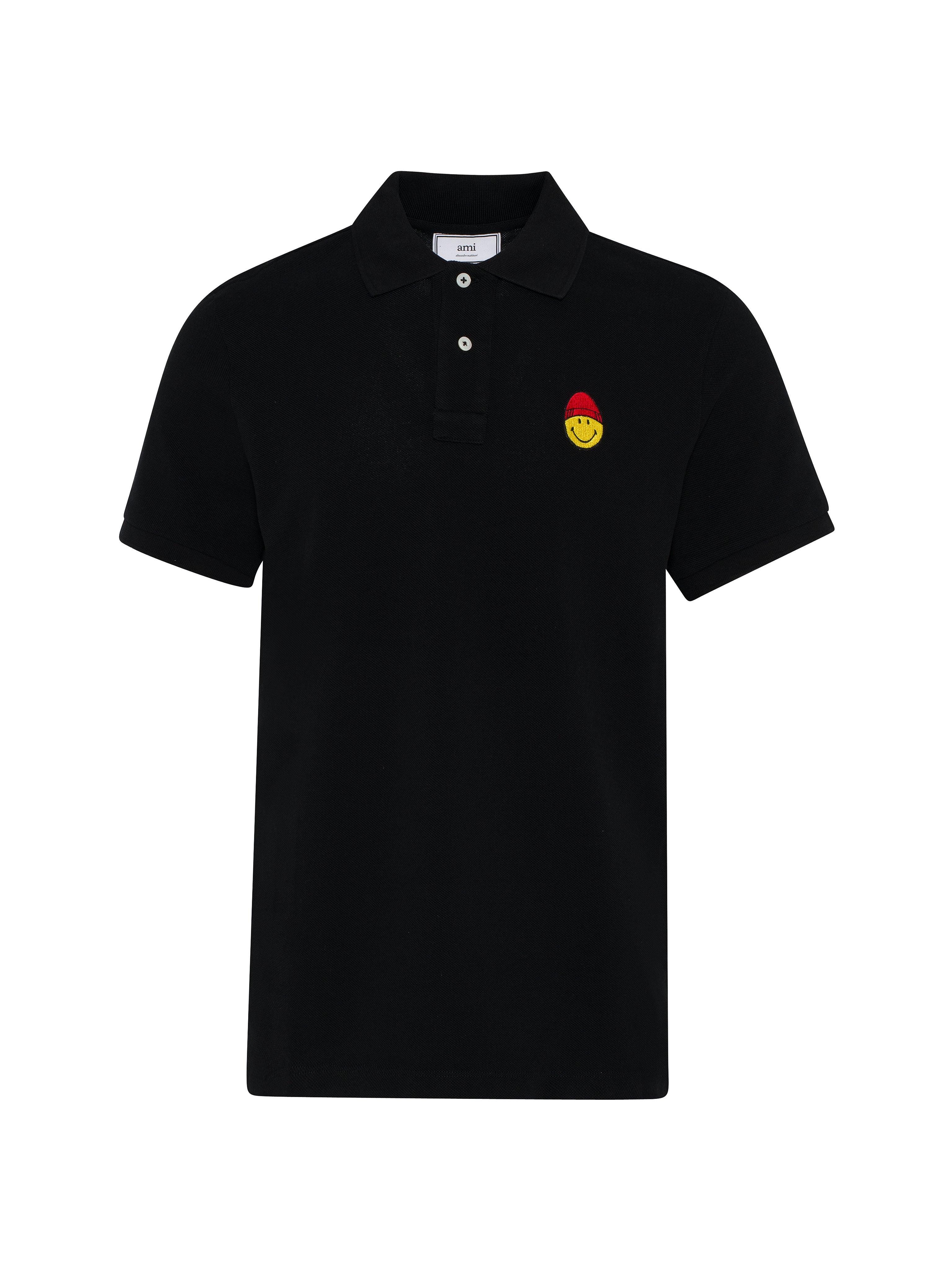 AMI Cotton Polo Shirt Smiley Patch in Black for Men - Lyst