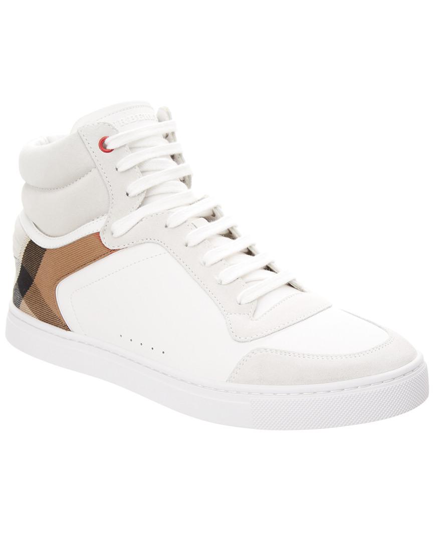 Lyst - Burberry Leather And House Check High-top Sneakers in White for Men - Save 23.07692307692308%