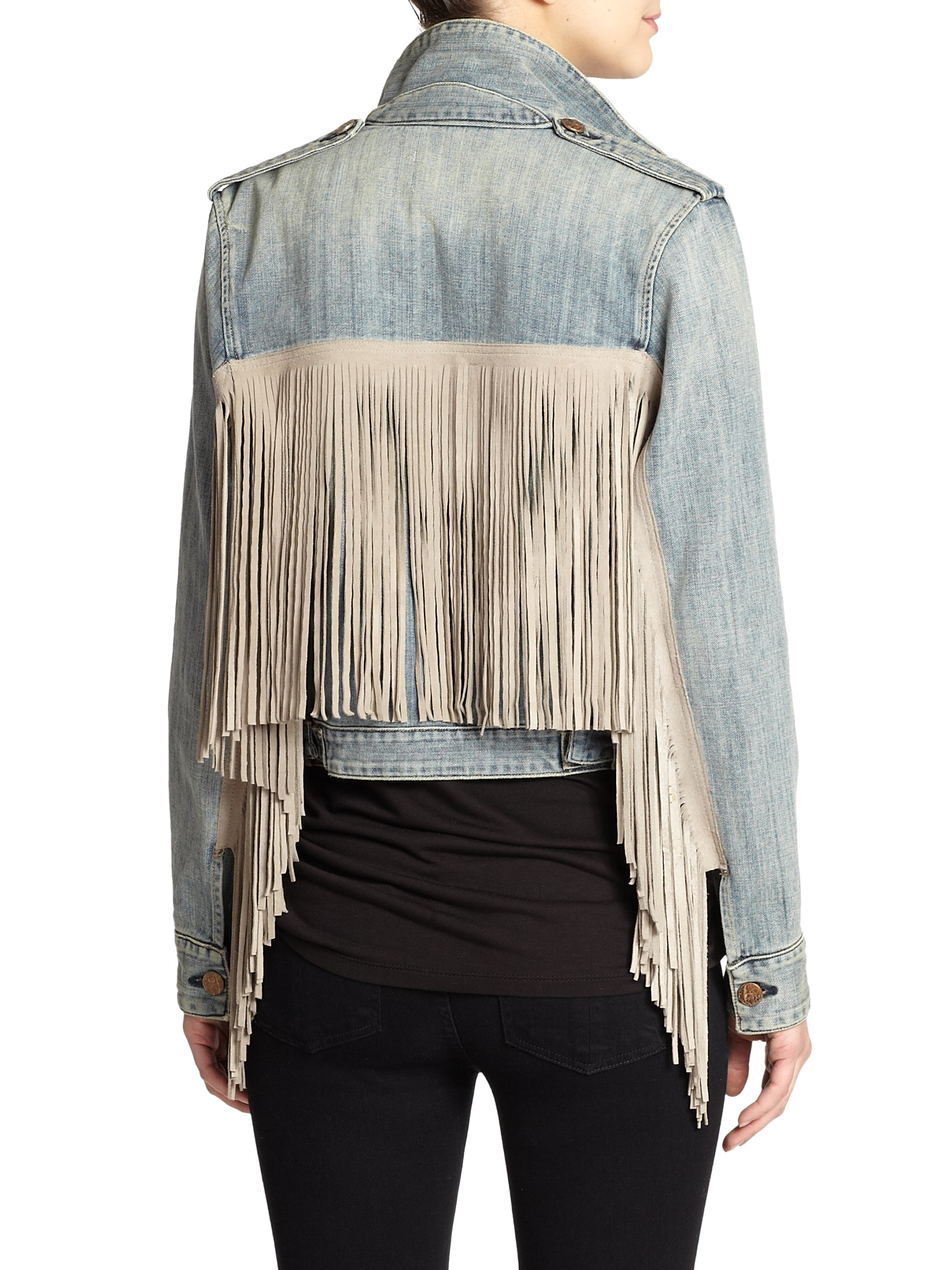 Lyst Mcguire Skywalker Leather Fringetrimmed Denim Jacket in Blue