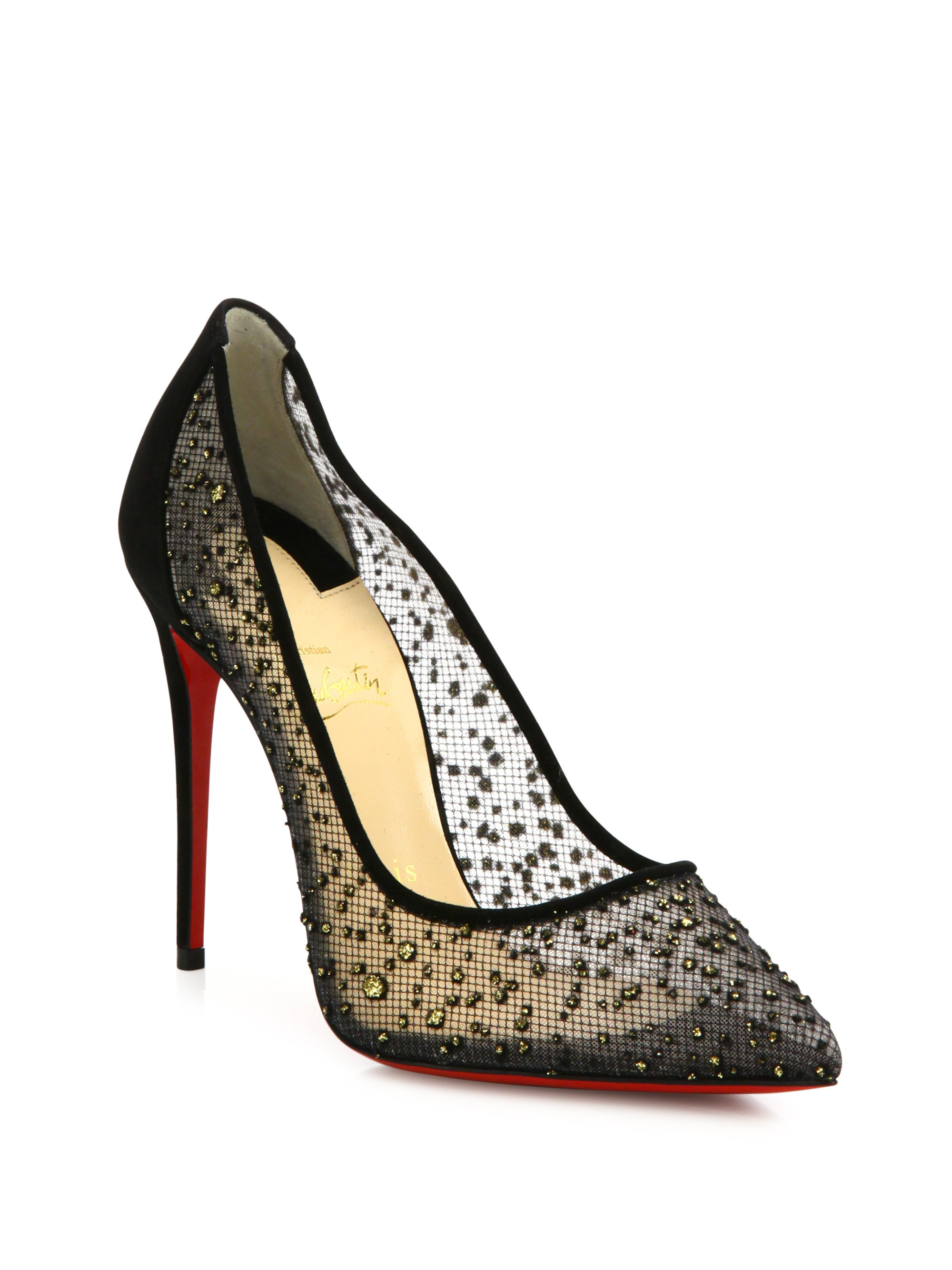 Christian louboutin Follies Strass 100 Mesh Point Toe Pumps in Black | Lyst