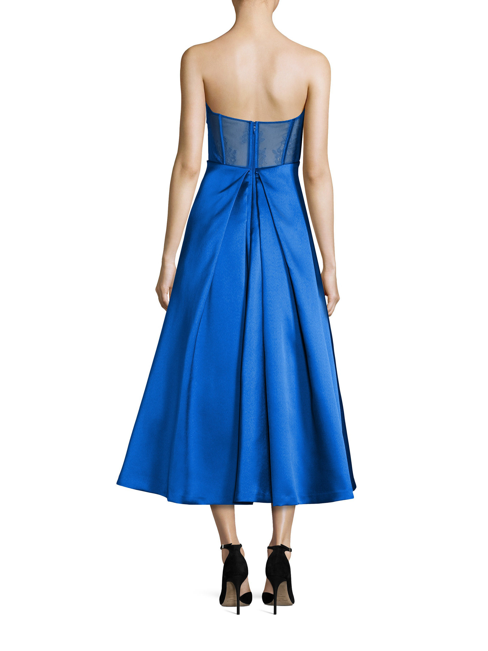 Ml monique lhuillier Lace-back Strapless Midi Dress in Blue | Lyst