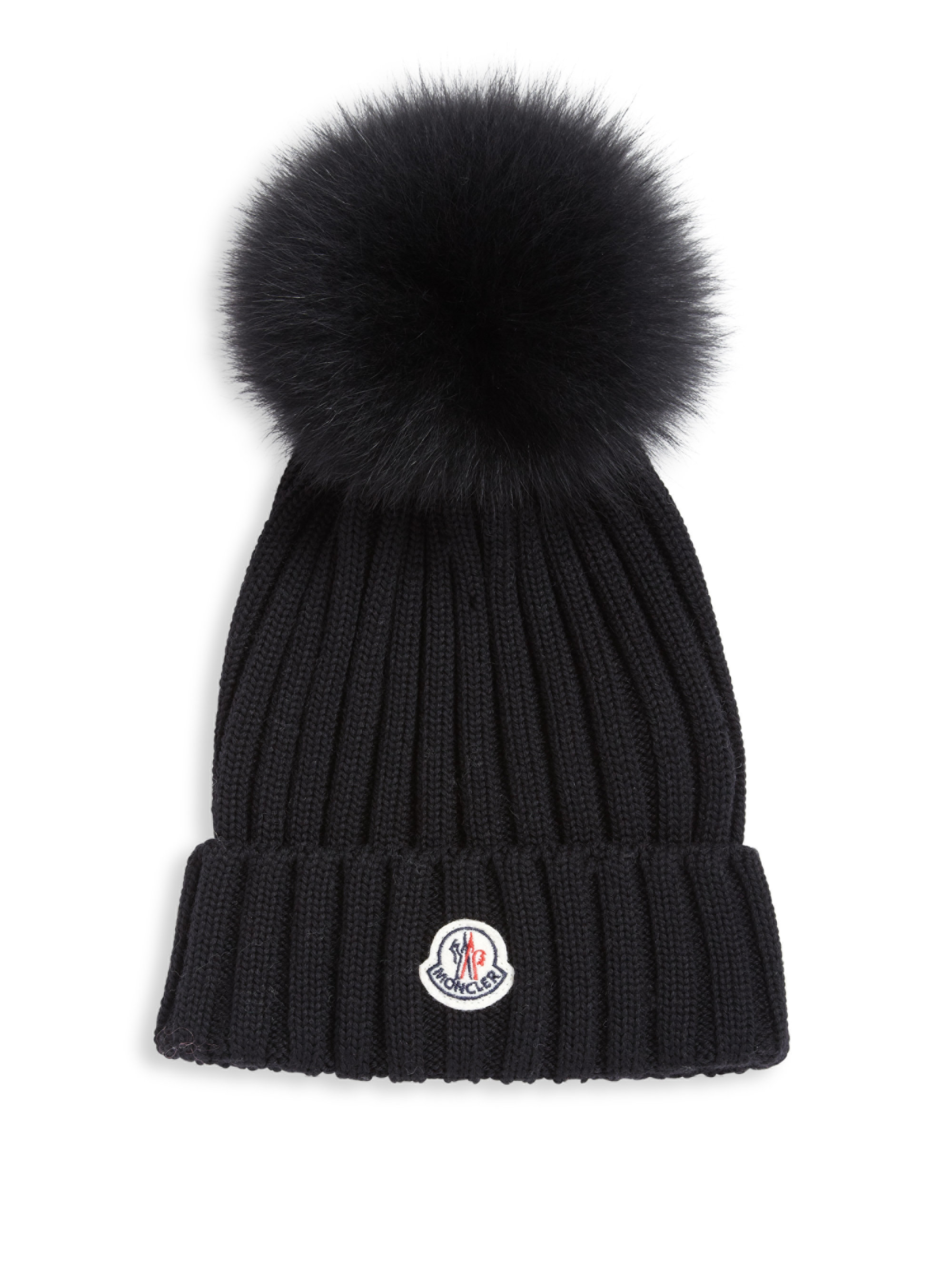 Moncler Berretto Rib-knit Wool & Fur Pompom Hat in Black - Save 62% | Lyst