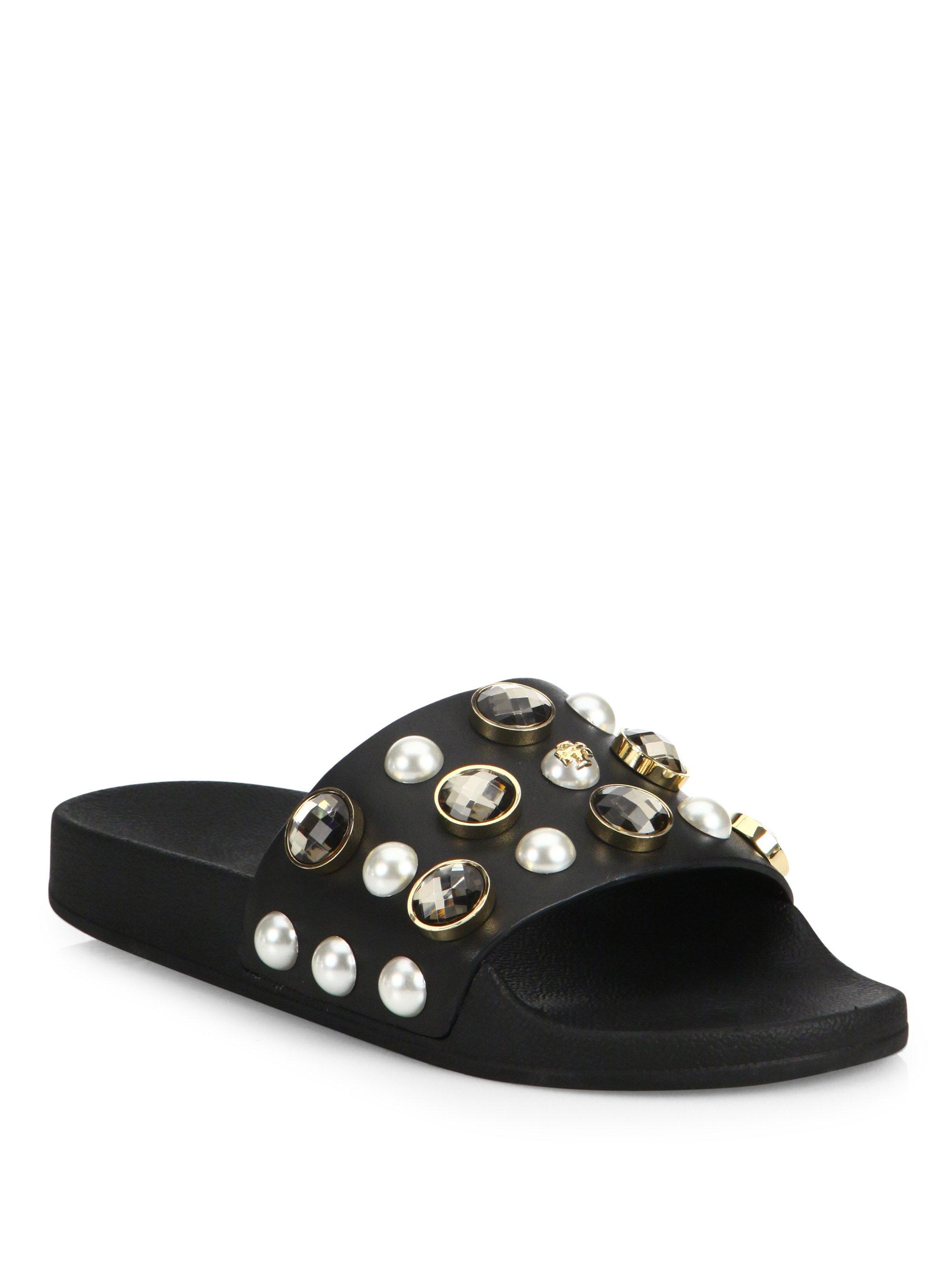 Tory burch Vail Jeweled Leather Slides in Black | Lyst