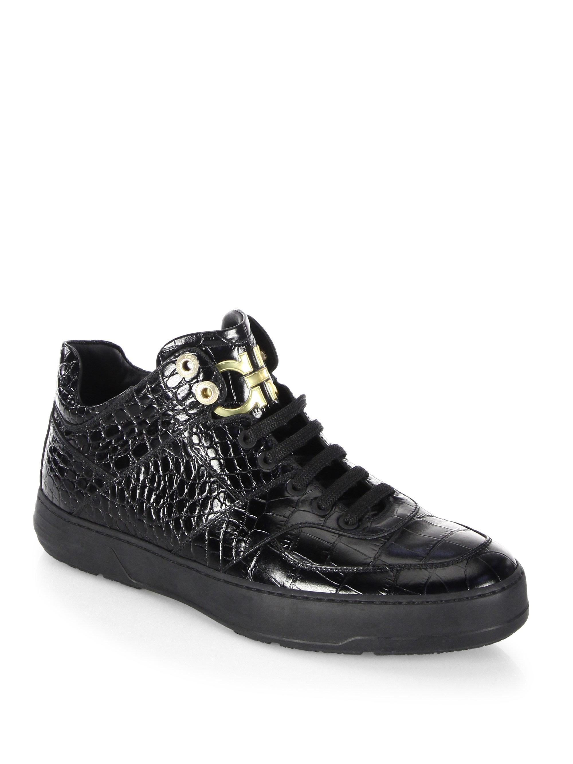 Lyst - Ferragamo Monroe Mid Top Croc Embossed Calfskin Sneaker in Black ...