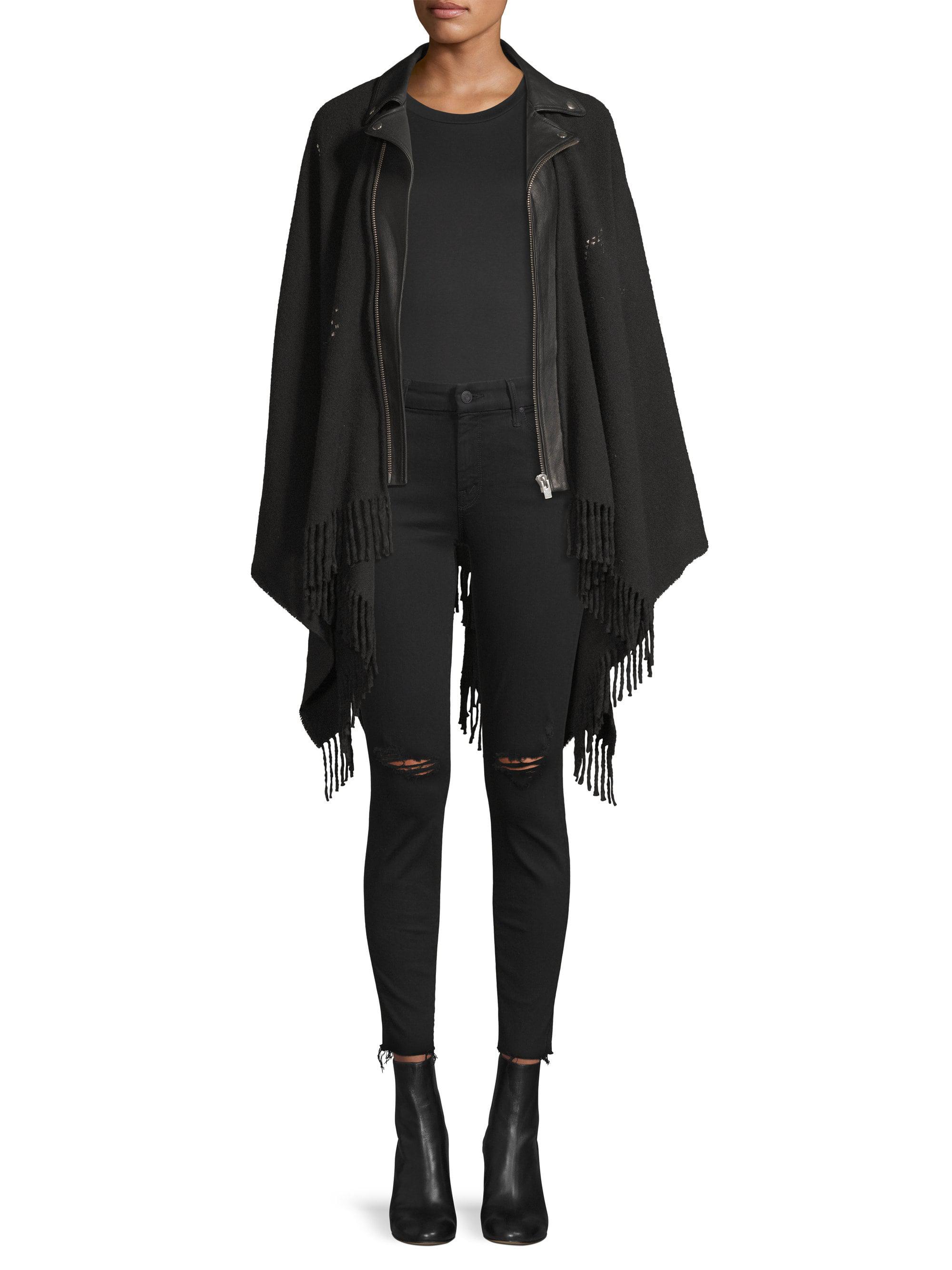 Lyst - The Kooples Wool & Leather Fringed Moto Poncho in Black