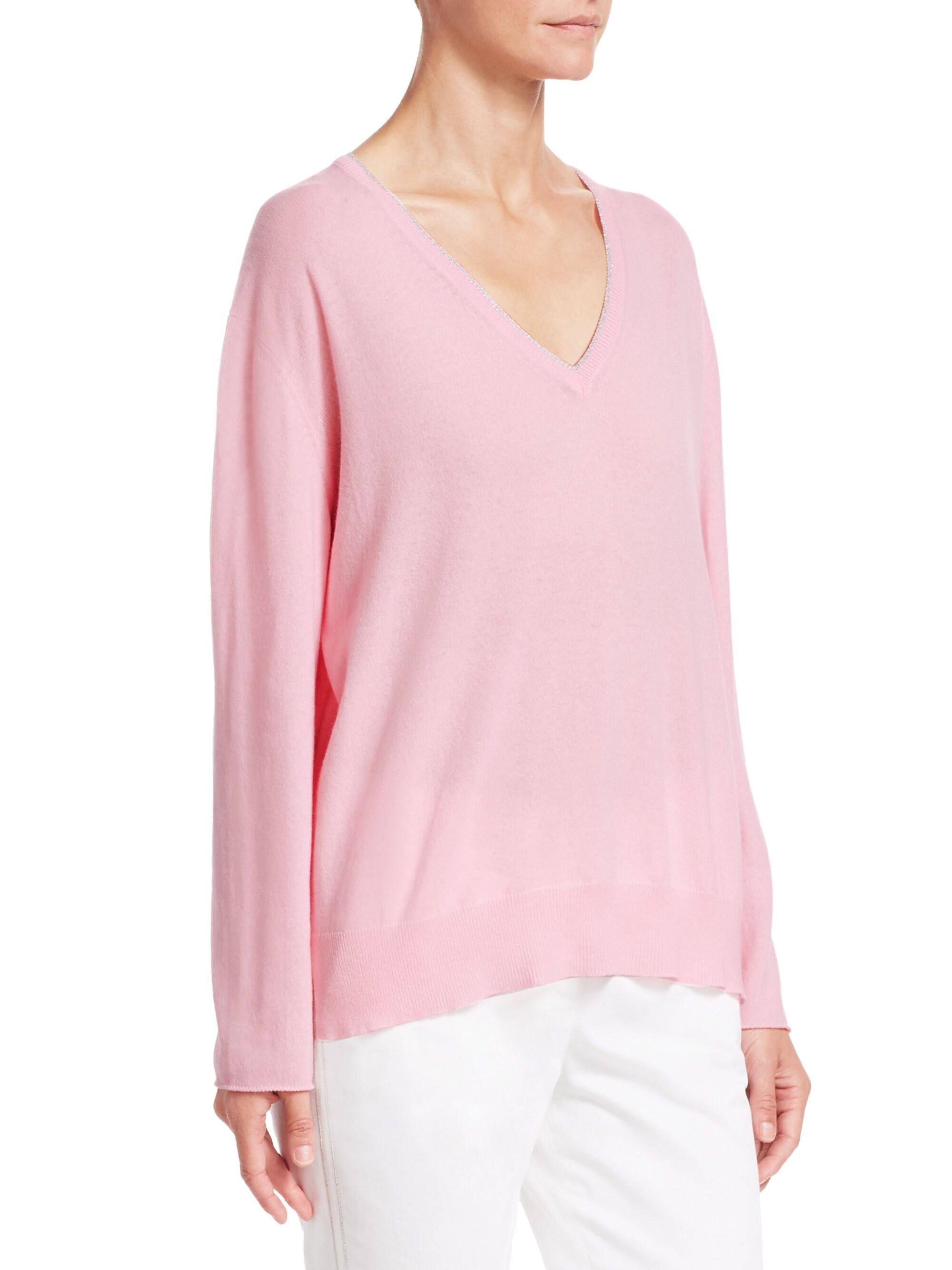 Fabiana Filippi Cashmere Lurex V-neck Sweater in Pink - Lyst