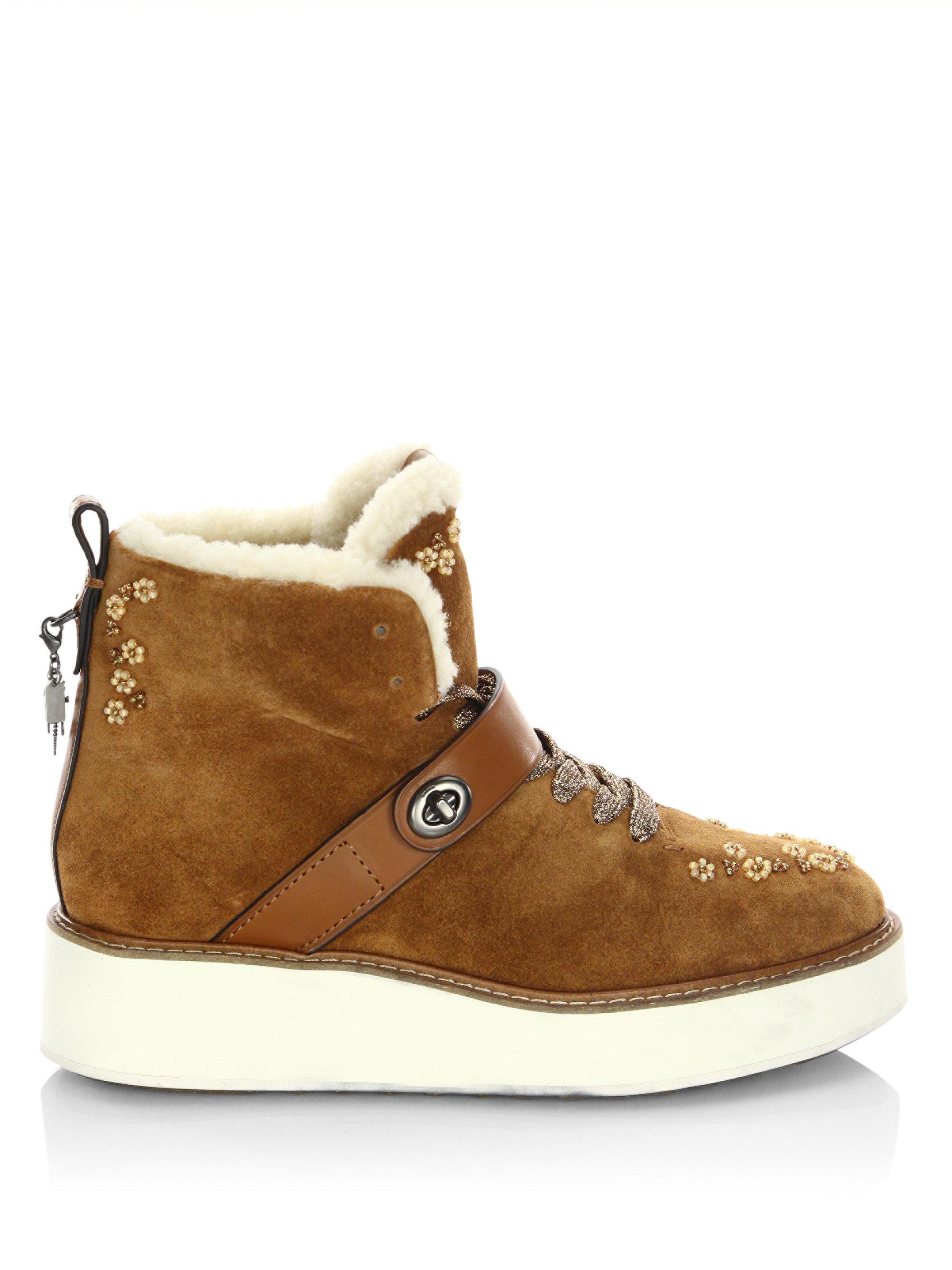 Lyst - Coach Urban Hiker Beads Shearling-lined Suede Wedge Boots in Brown