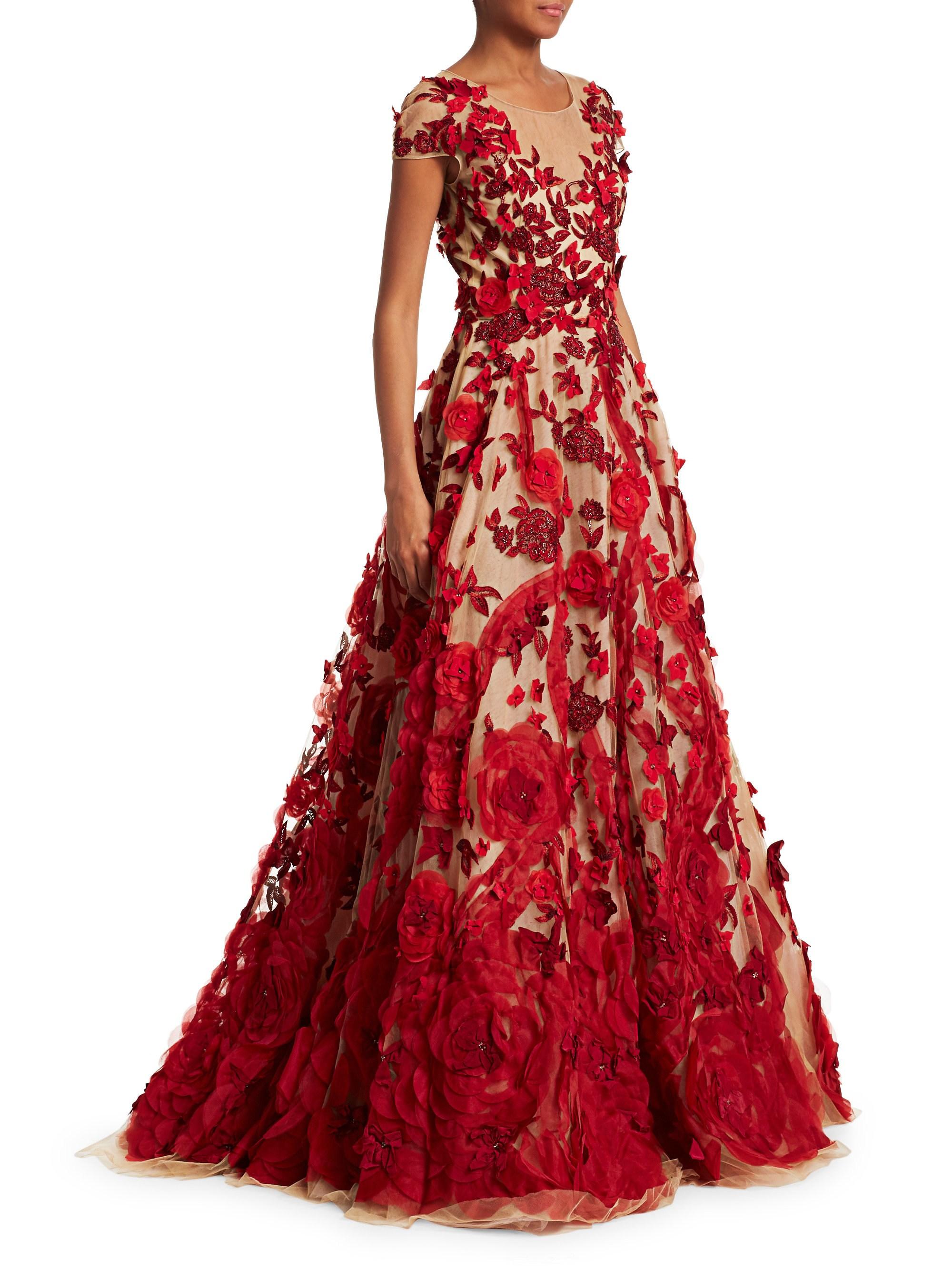 Marchesa Floral Appliqué Tulle Ball Gown in Red - Lyst